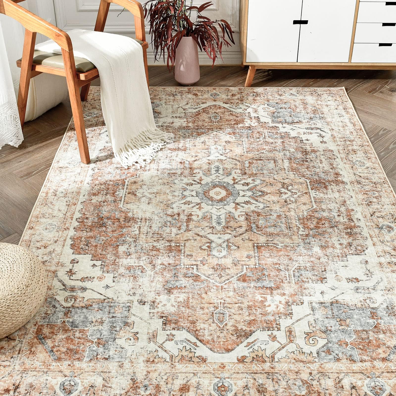 JINCHAN Area Rug 152x213CM Washable Rug Vintage Rug Indoor Floor Cover Print Distressed Carpet Brick Red Multi Thin Rug Mat Foldable Accent Rug Lightweight Kitchen Living Room Bedroom Dining Room