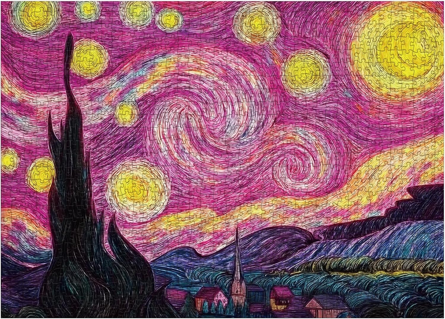 Art Starry Night Painting Puzzles for Adults 1000 Pieces, Challenging Van Gogh Landscape Plant Tree Jigsaw Puzzles, Difficult Aesthetic Pink Nature Moon Puzzle