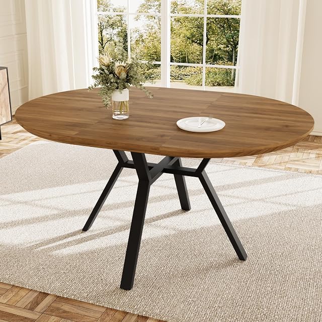 HIPIHOM 43.2"-59.1" Extendable Round Dining Table for 4-6 People, Modern Kitchen Oval Dining Table with Flexible Leaves Space Saving, Metal Base for Kitchen Dining Room (Walnut)
