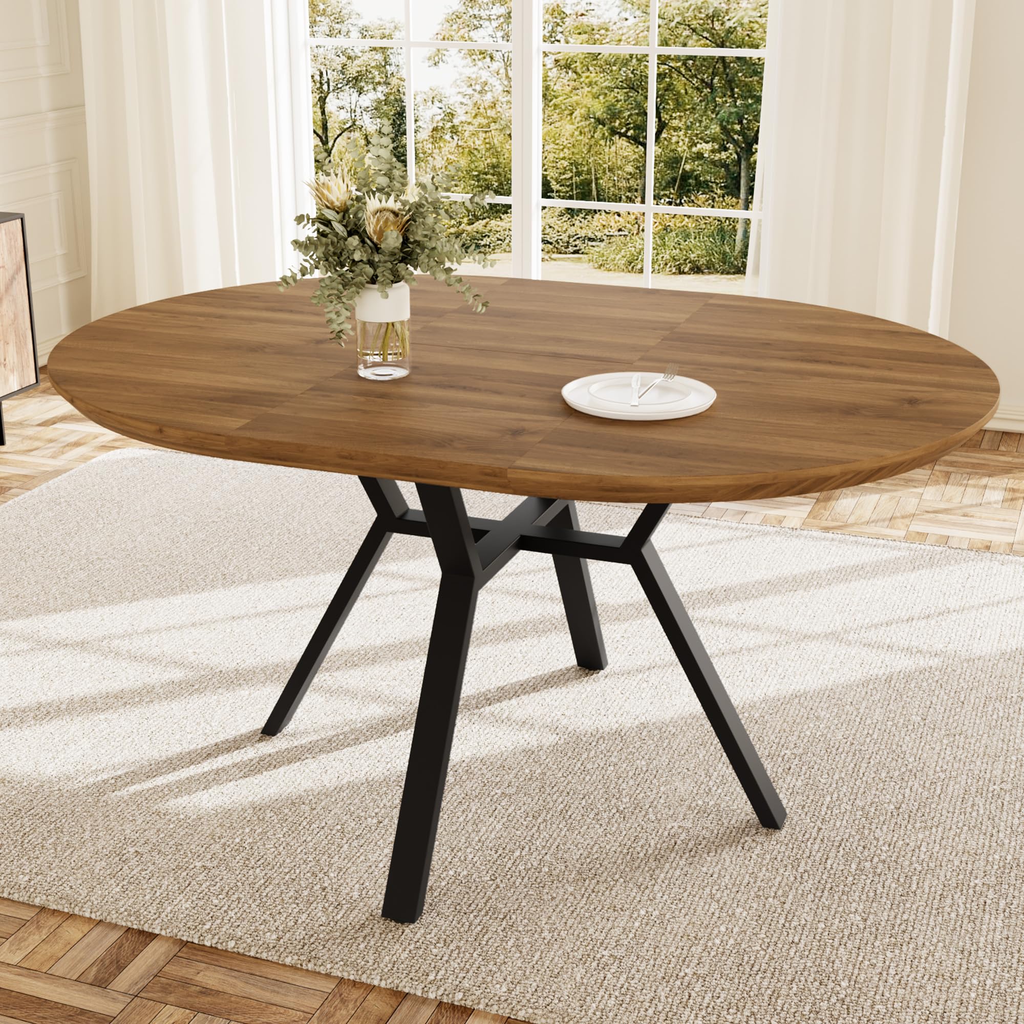 HIPIHOM 43.2"-59.1" Extendable Round Dining Table for 4-6 People, Modern Kitchen Oval Dining Table with Flexible Leaves Space Saving, Metal Base for