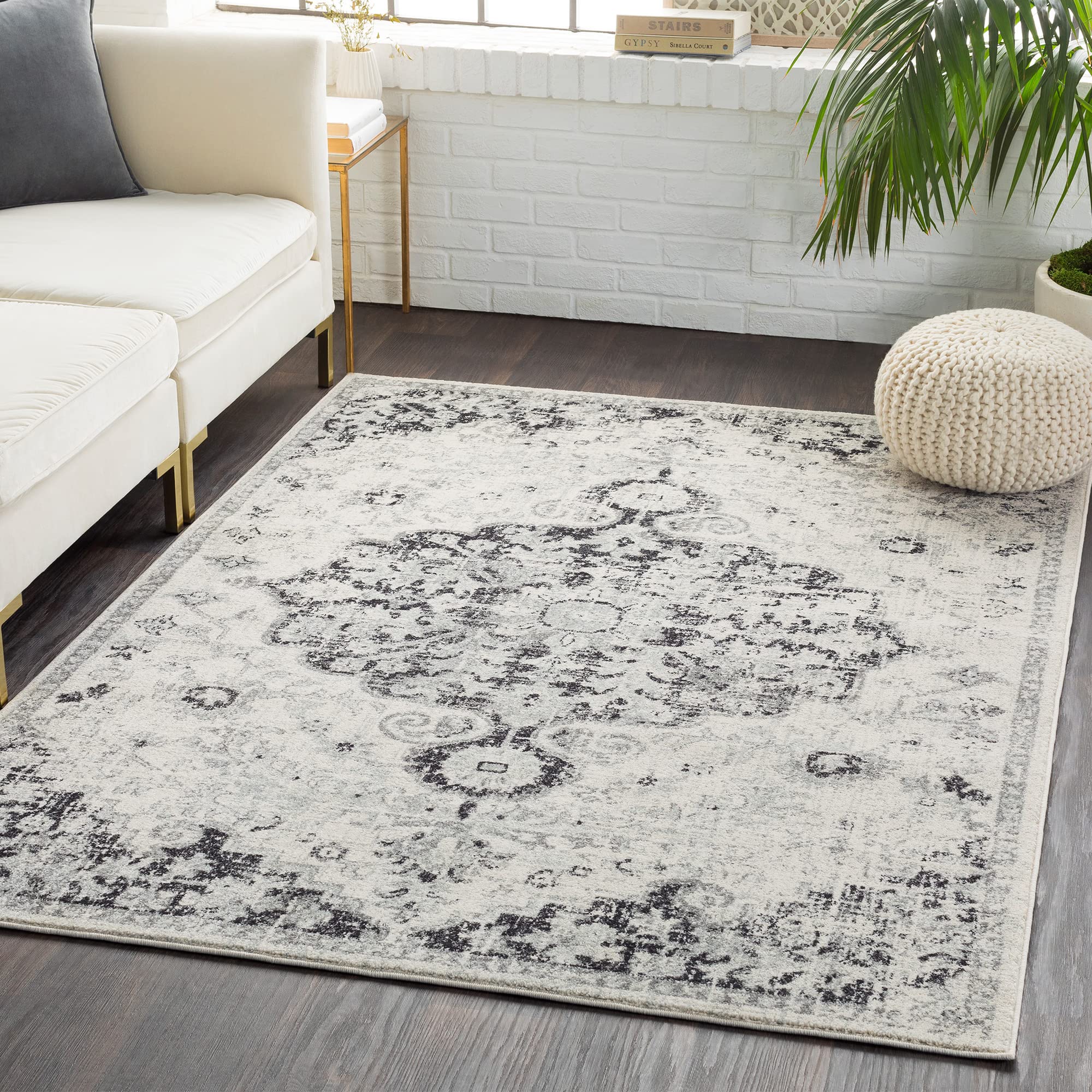 Livabliss Lou Asmara Vintage Carpet 200x275 cm – Traditional Multicolour Boho Design for Living Room, Dining & Kitchen, Easy Care Pile Floor Covering, Grey Black White
