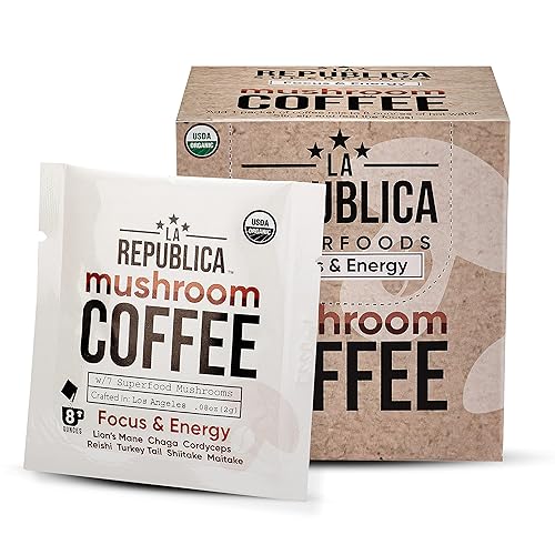 La Republica - Café orgánico de hongos instantáneos, paquete de 10 porciones individuales (100% arábica colombiana, melena de león, reishi, chaga,