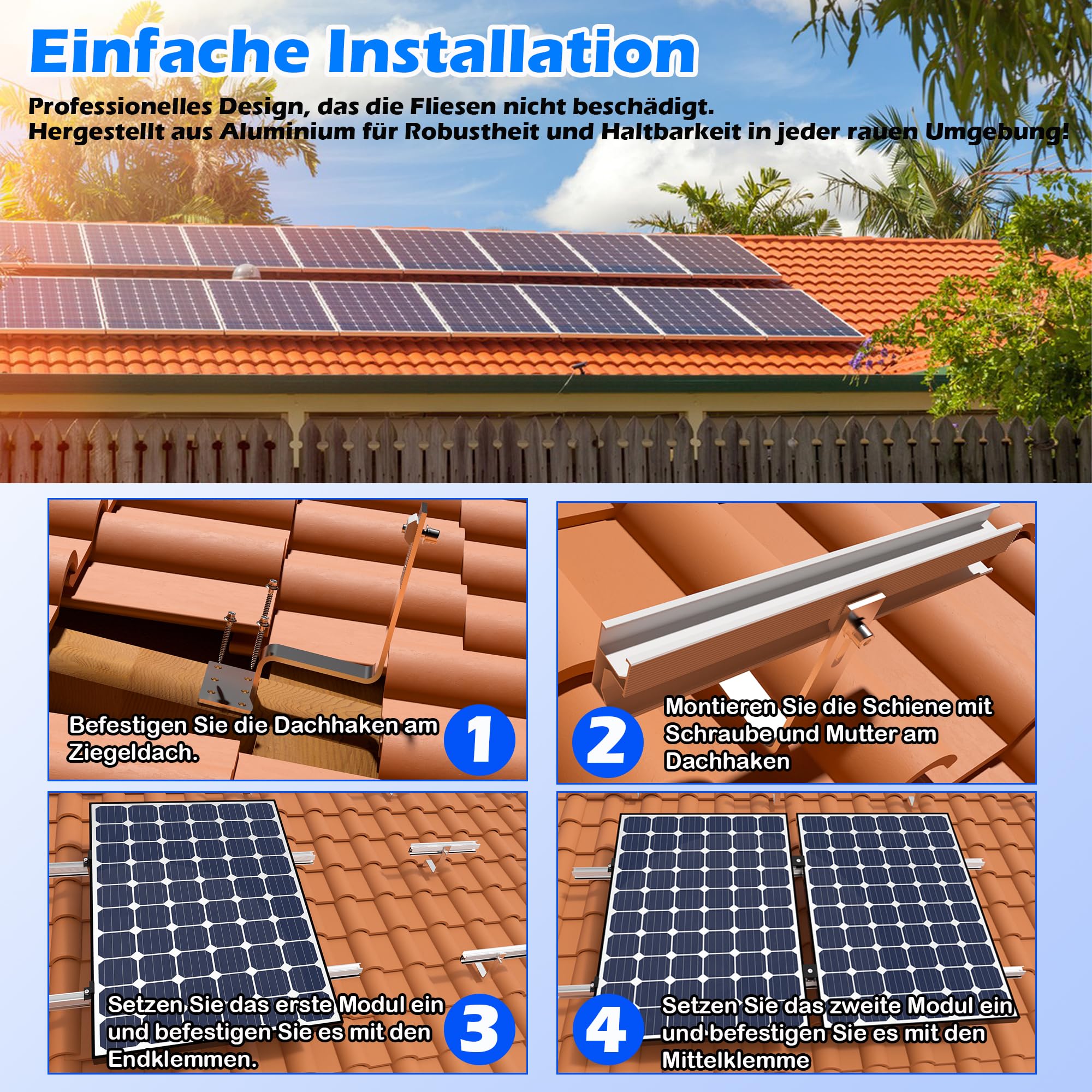 Warmfay Soporte Solar para Techo de Tejas - Juego para 2 Módulos con Perfil de Aluminio de 300 mm y Ganchos Fotovoltaicos - Soporte para Módulo de Techo, Negro