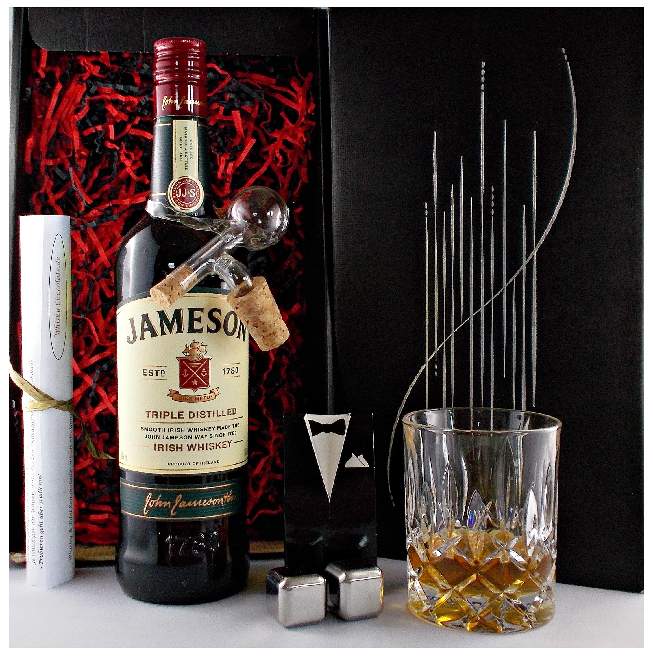 Jameson John irischer Whiskey + Glaskugelportionierer + Whisky Glas + 2 Kühlsteine im Smoking im Geschenk Karton Männergeschenke Whisky Genießer Set