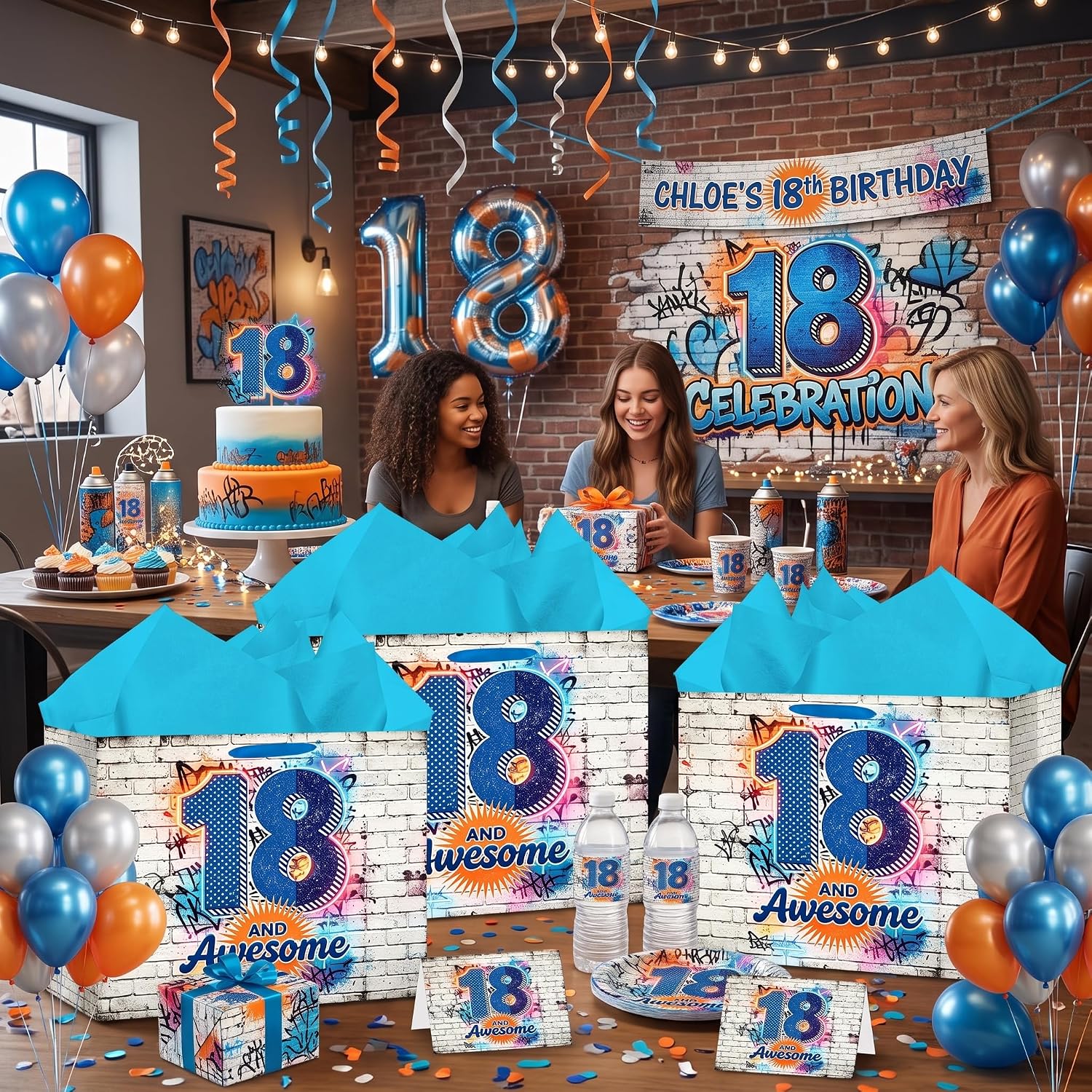 Hkshaoda 18th Birthday Gift Bag with Tissue Paper, 11.8"x9.4" Large 18 and Awesome Gift Bag for Boys Girls, Royal Blue Ribbon Handles Graffiti Brick Wall Skate Street Art Milestone Party Supplies image 4