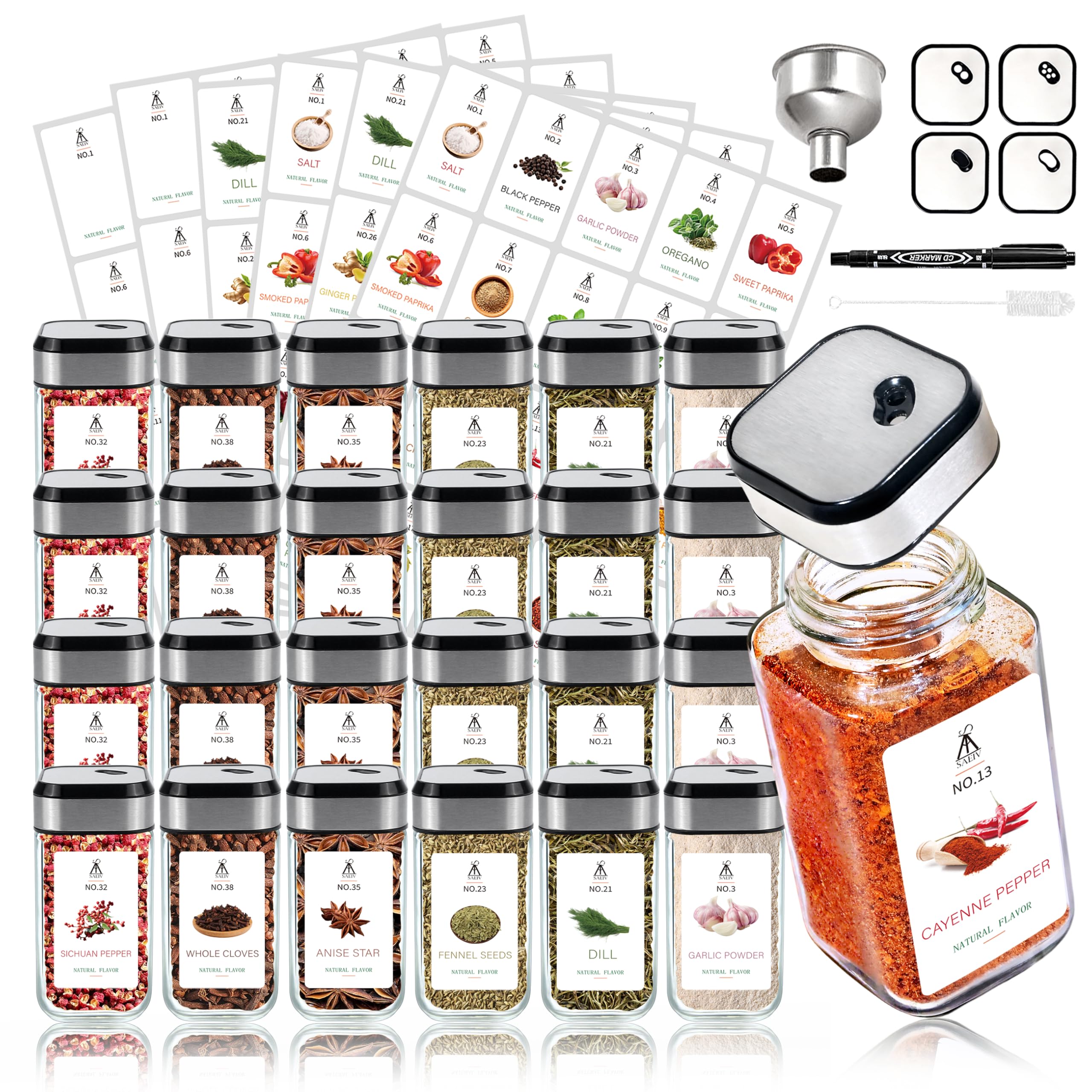 SAEIV Set de 24 Frascos de Especias 120ml | Taparrojos Herméticos de Rosca con Dispensador | Para Organización de Cocina & Almacenamiento de Especias y Hierbas | Incluye Etiquetas