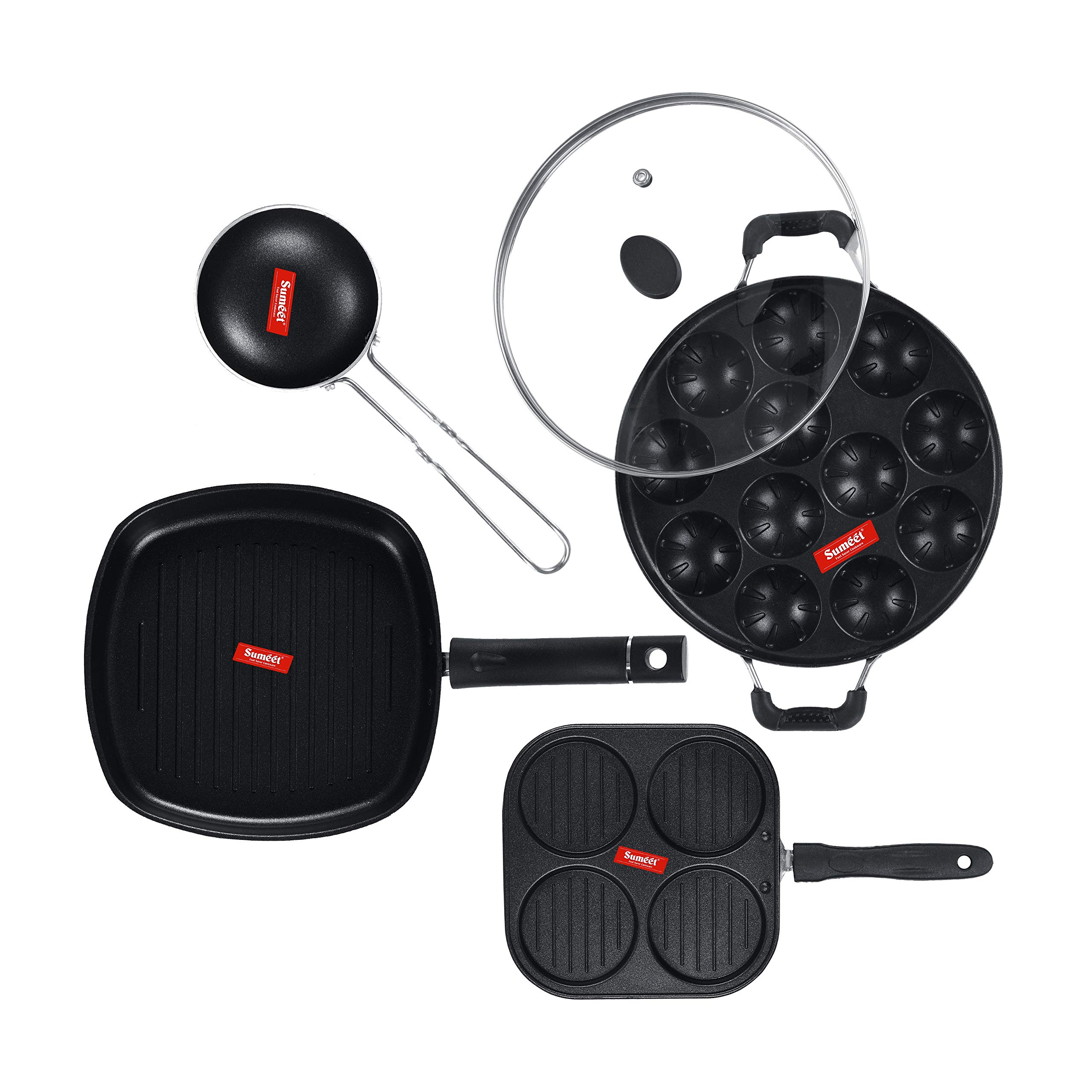 Sumeet NonStick Must Cookware Set (Mini Multi Snack Maker - 4 Cavity -19.5cm + Grill Appam Patra with Glass Lid - 12 Cavity - 22cm Dia + Grill Pan-22cm Dia + Waghariya/Tadka pan - 190Ml - 10Cm Dia) - Image 6 thumbnail