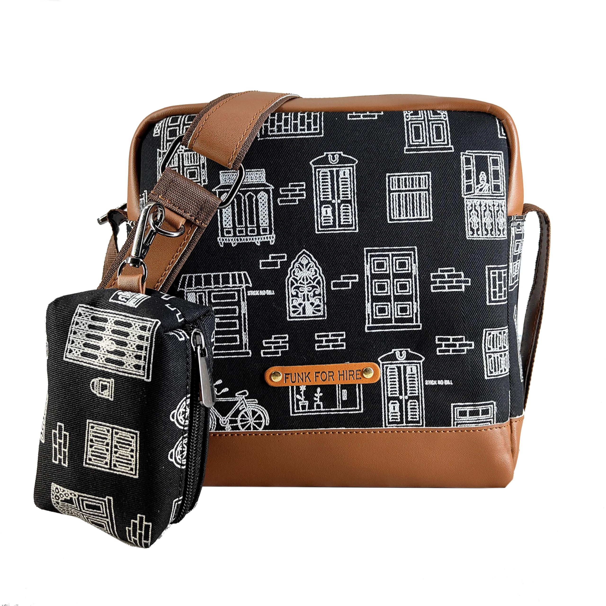 Funk For Hire Women Printed Canvas and Leatherette box Sling Crossbody Bag with Broad strap and coin pouch - Black (B0D22G128C) Amazon Price History, Amazon Price Tracker
