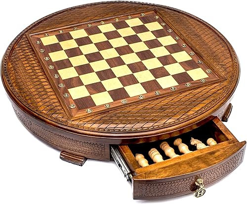 Miniatura 3 de Juego de ajedrez redondo grande con almacenamiento, tablero de ajedrez único de lujo con incrustaciones de ajedrez grande de 23.6 pulgadas