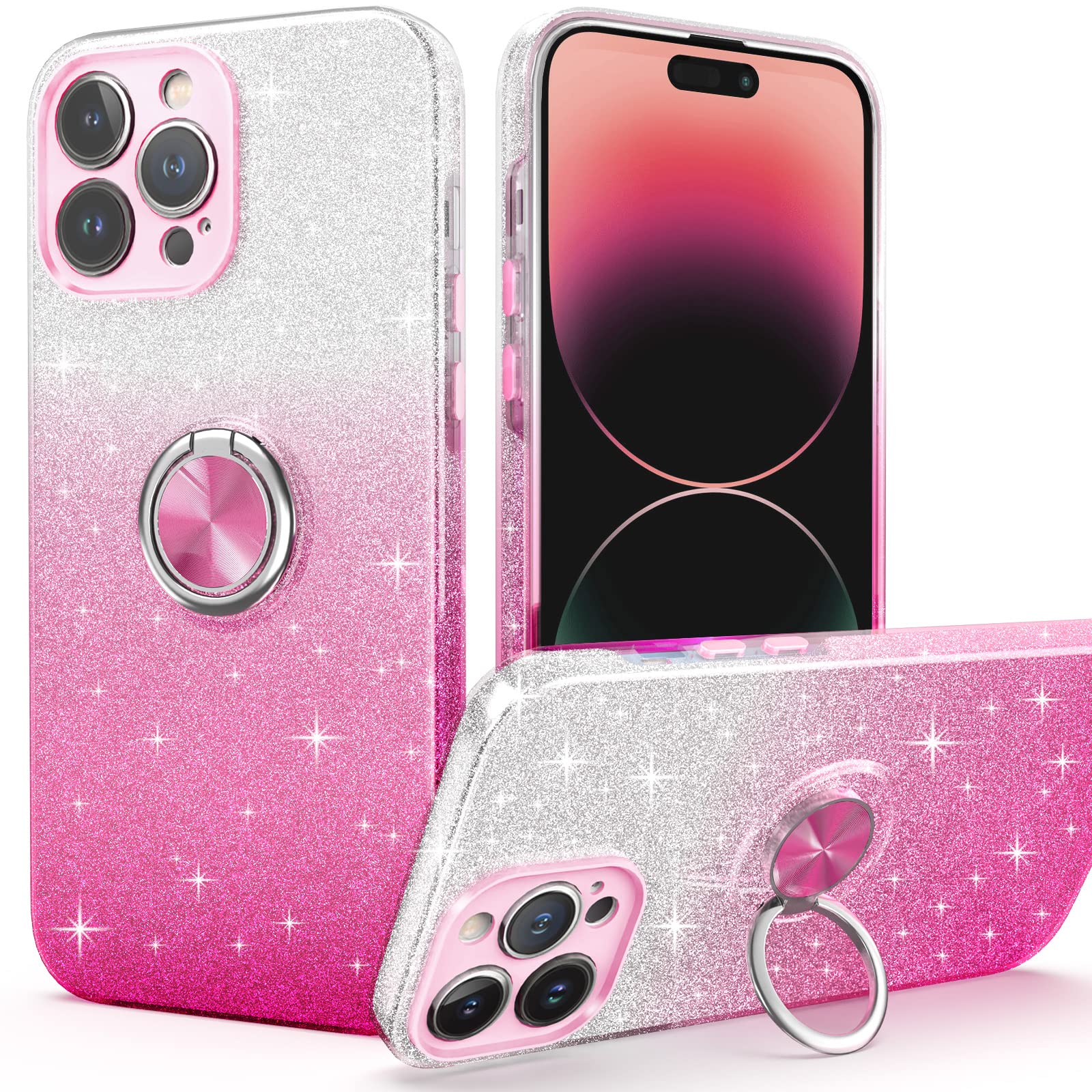 PeeTep for iPhone 15 Pro Max Case, Slim Fit Glitter Sparkly Case with 360°Ring Holder Kickstand Magnetic Car Mount Shock-Absorbent Protective Sturdy