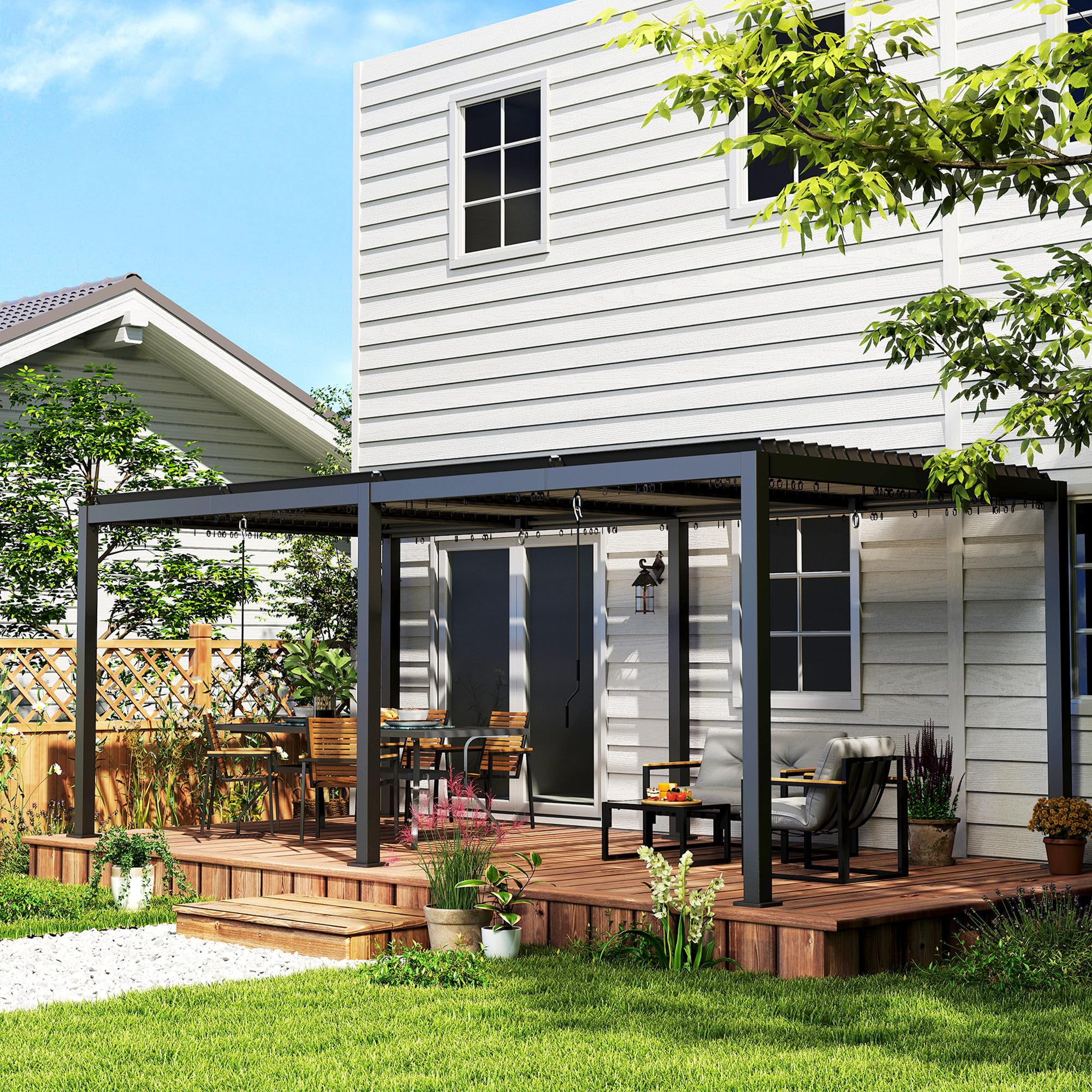 Outsunny Pergola bioclimatique 3 x 6 m, pergola Jardin extérieur avec persiennes manivelle Toit réglable en Aluminium et Crochets, tonnelle de Jardin, terrasse, Patio, Gris foncé