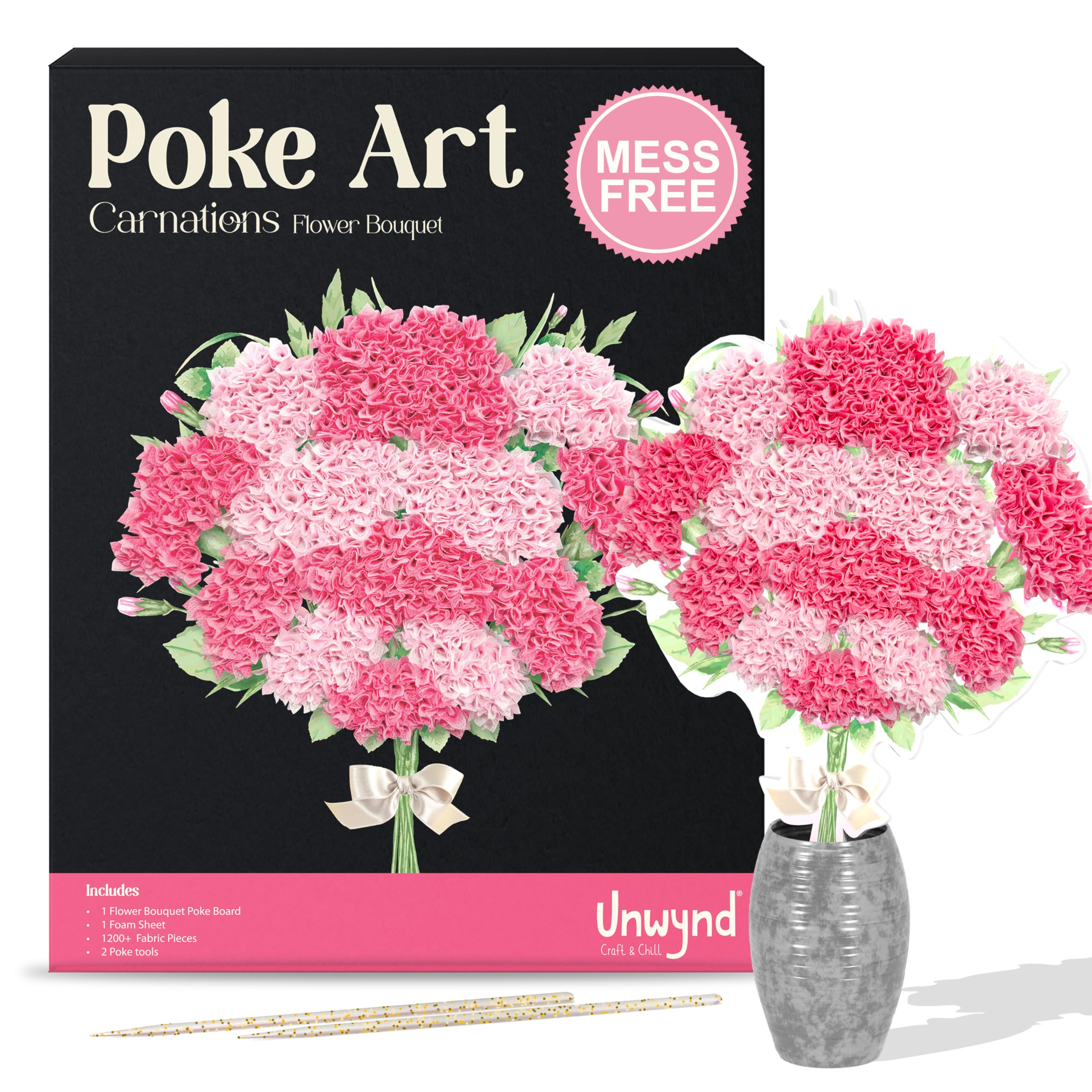 Unwynd Poke Art Flower Bouquet, Mess-Free Arts and Crafts for Adults, Teen Craft Kits, Mother's Day Flowers, Gifts for Mother, Women and Men (Carnations)