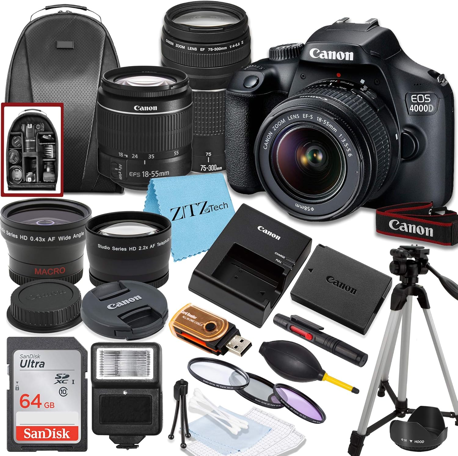 Canon EOS 4000D / T100 DSLR Camera with EF-S 18-55mm + 75-300mm Lens, SanDisk 64GB Memory Card, Tripod, Flash, Backpack + ZeeTech Accessory Bundle (Renewed)
