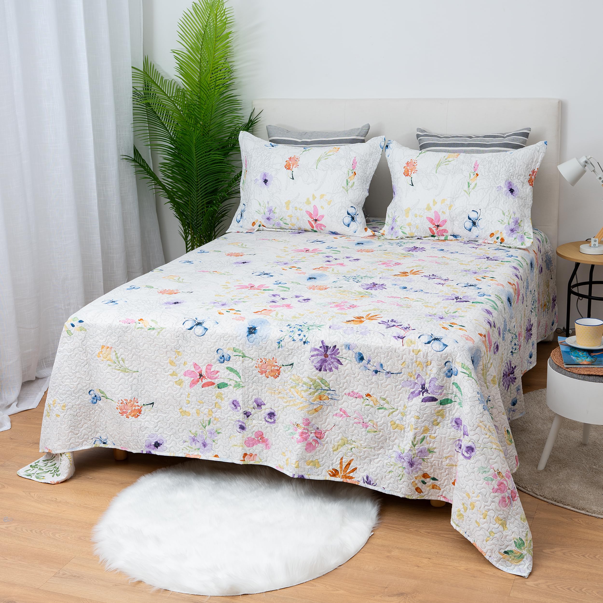 H HANSEL HOME Colcha Bouti Estampada Cama 140/150/160, 100% Microfibra Extra Suave, Bicolor Reversible, Cubrecama Fina, para Verano y Entretiempo, Incluye 2 Funda de Cojín - Primavera 250x260