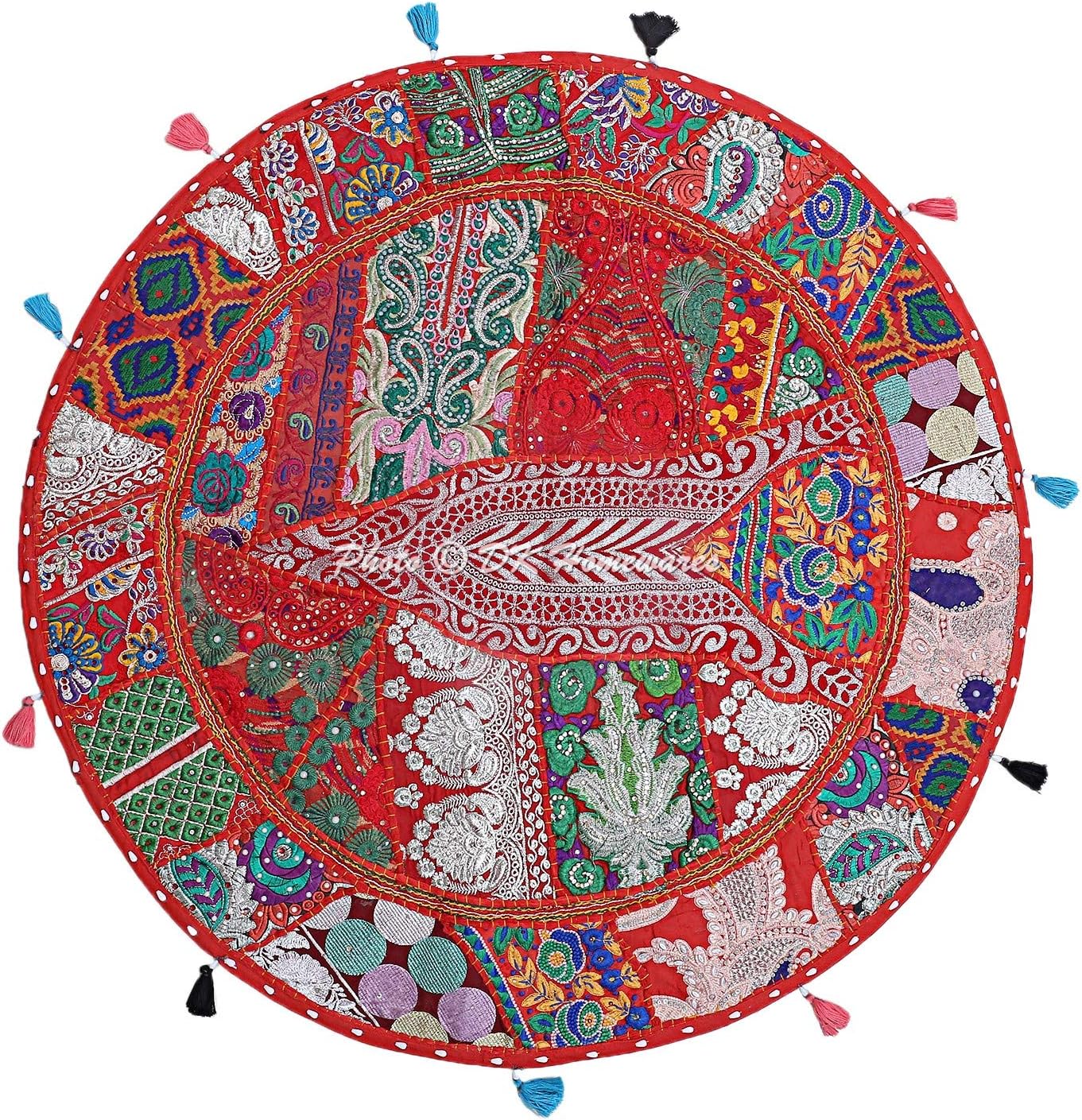 Indian Ethnic Floor Cushion Cover Red 28 Inch Patchwork Lounger Ottoman Stool Home Decor Embroidered Vintage Cotton Round Floor Pillow Seating 70 cm