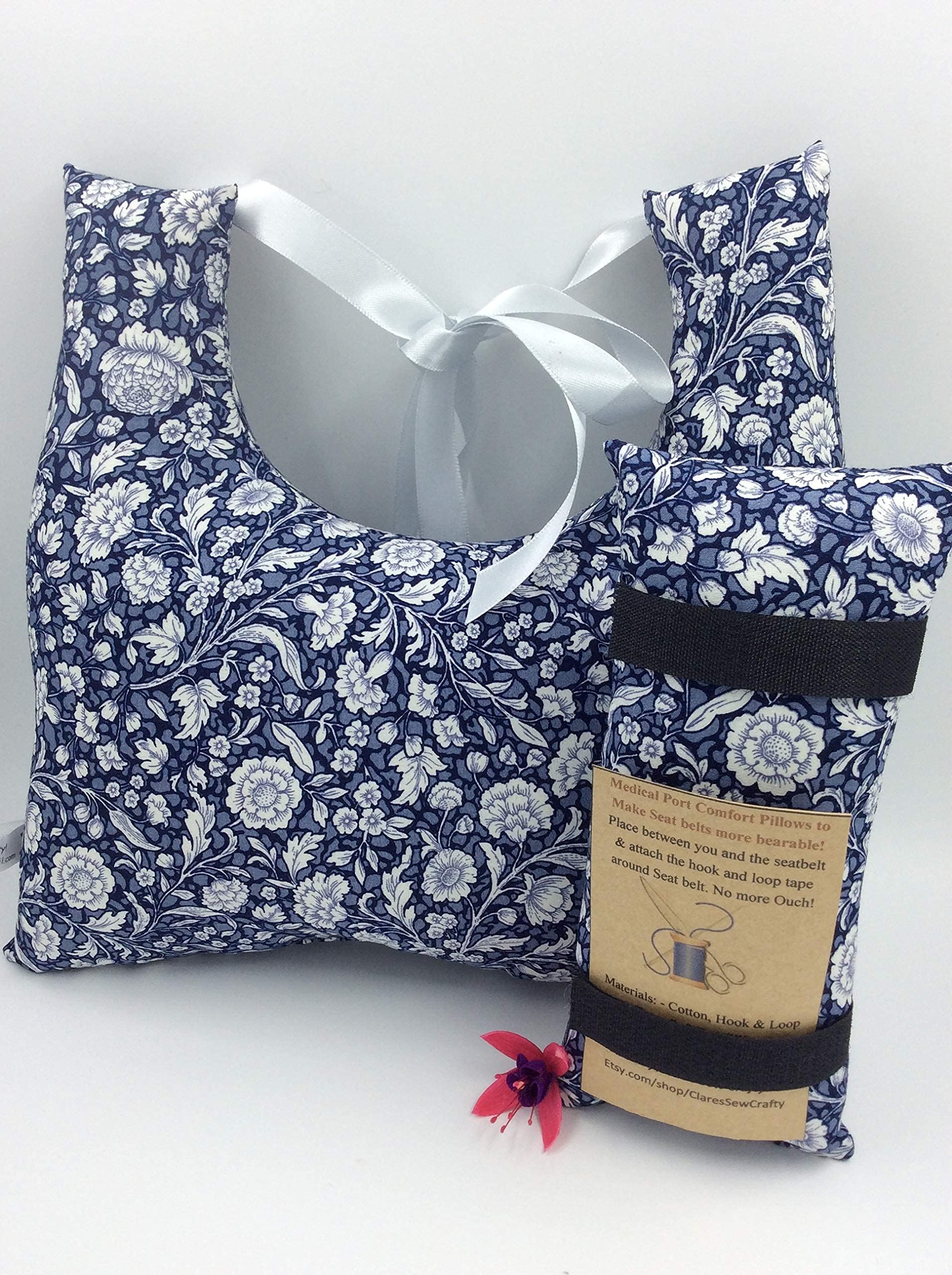 Single Mastectomy Lumpectomy Augmentation Boob Job Gift Set with Seatbelt Pillow, Breast Surgery Cushion Pillow with Ribbon Shoulder Ties SLNB Top Surgery (Navy Floral)