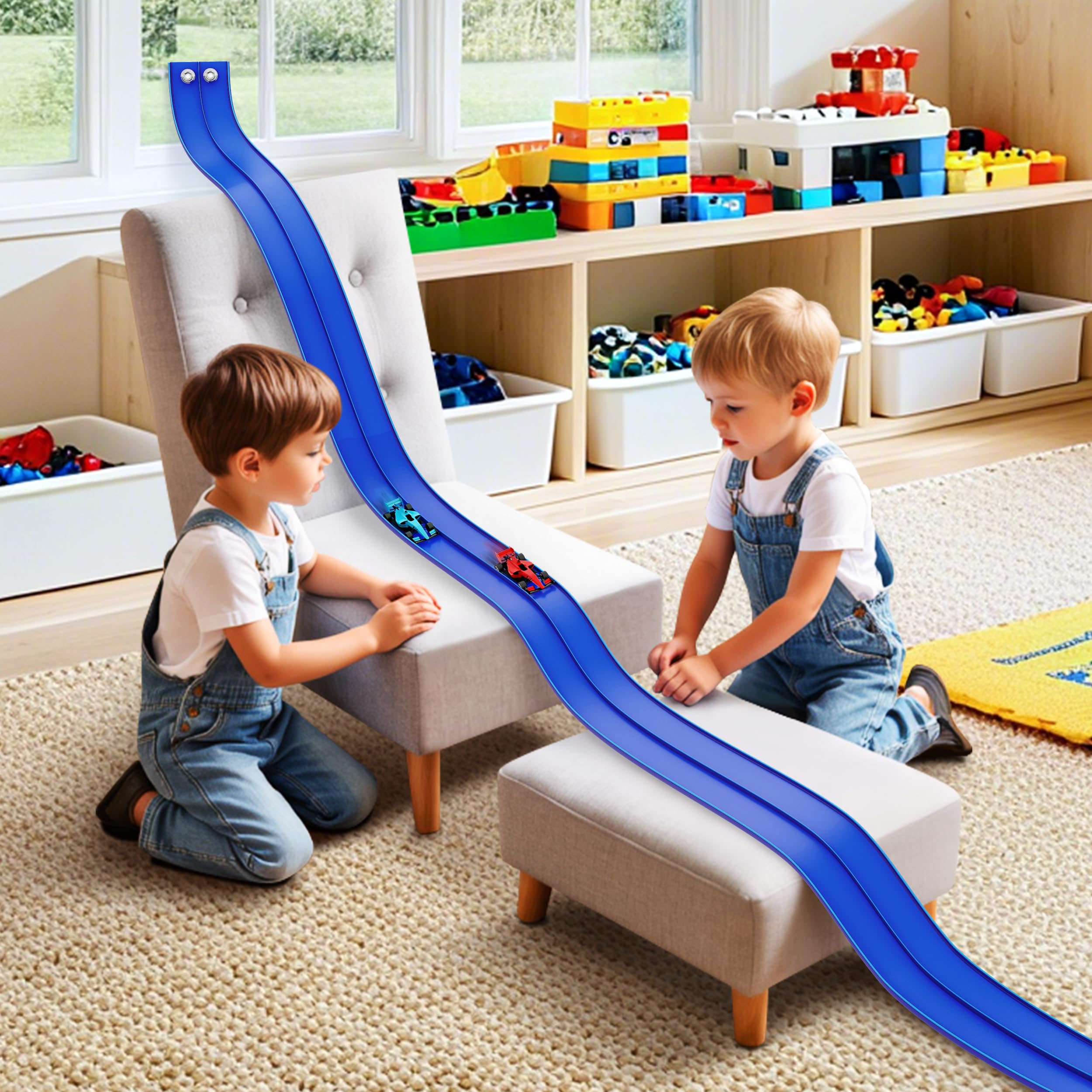 Rampa flexible de 16 pies para niños de juguete con ventosas, compatible con autos fundidos a presión 1/64, carreras, portátil, regalos de fiesta para niños de 3 a 10 años (azul carrera)