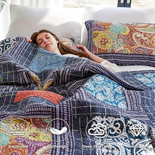 Miniatura 4 de Secgo - Juego de edredón 100% de algodón para cama, tamaño Queen (90 x 98 pulgadas), con 2 fundas de almohada, ligero y reversible, diseño de tela