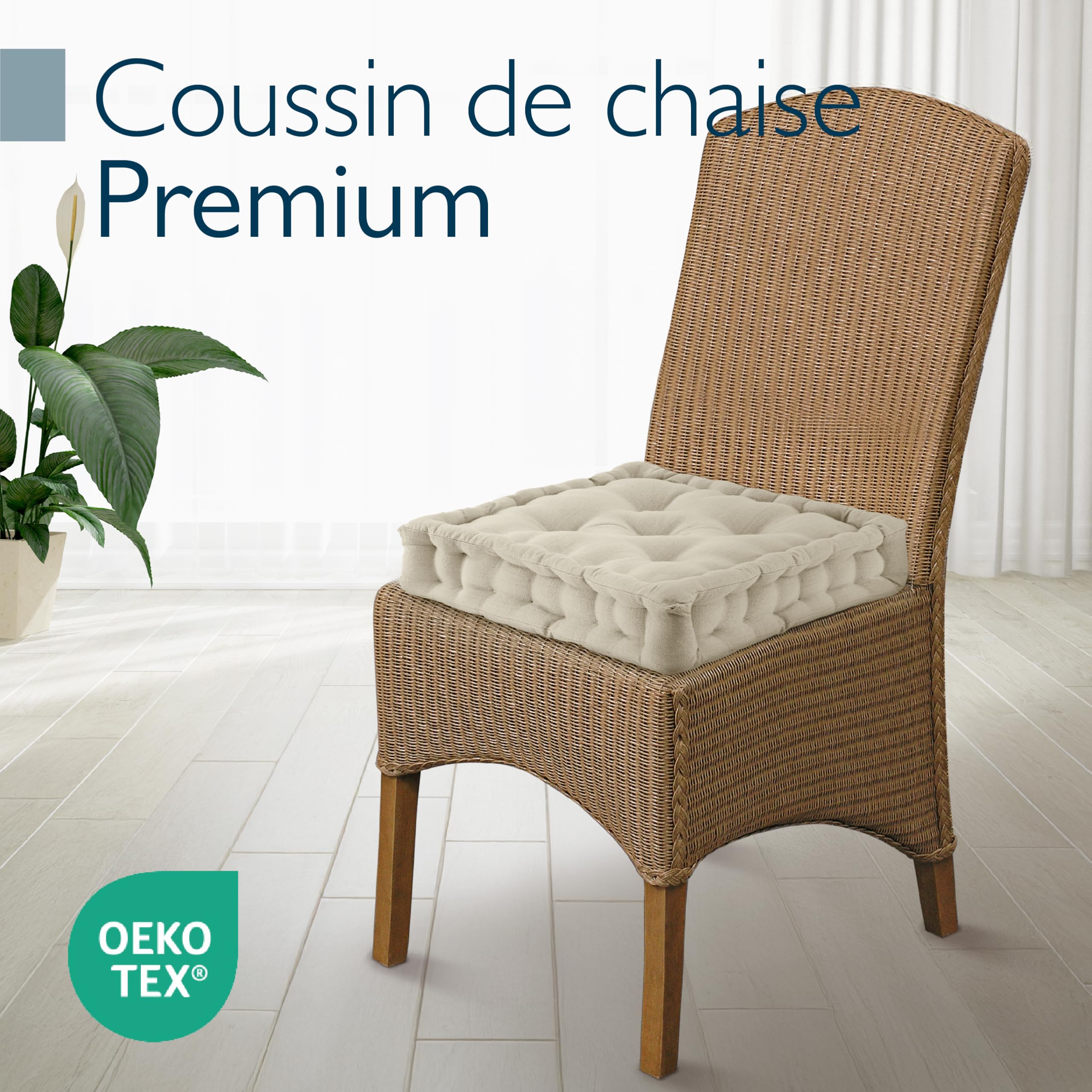 Beauitssu Set de 4 Coussins de Sol Coussin d'assise 50x50 cm - Coussin Matelas épais 10cm - 100% Coton Coussin de Chaise Intérieur & Extérieur Poignée de Transport Coussin d'assise Lin - Mila