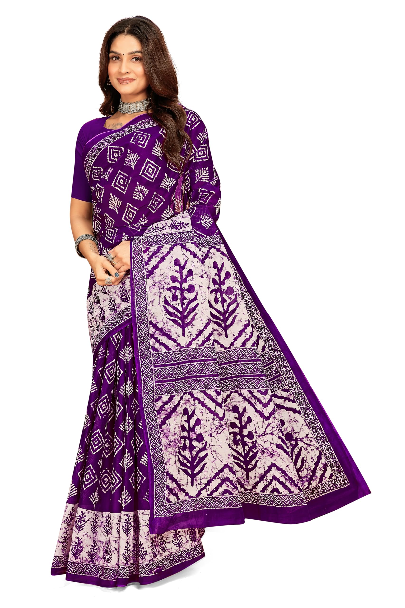 Tamaira Fashion Women's Batik Printed Pure Cotton Mulmul Saree Without Blouse Piece(2480_Purple)