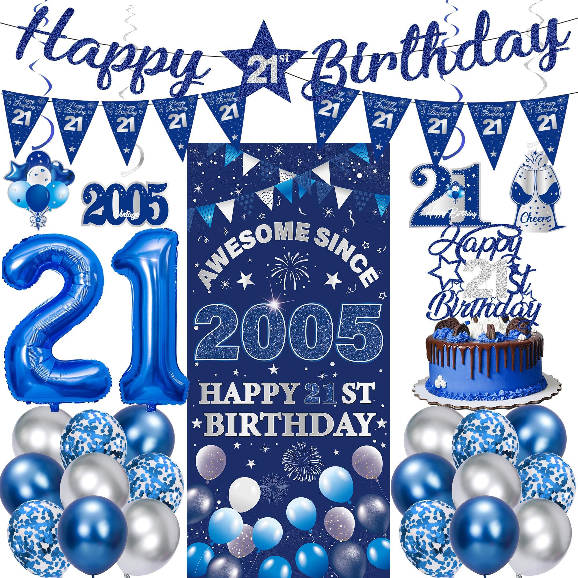 21st Birthday Decorations Men Women - 27 Pcs Blue Silver Happy 21st Birthday Banner Triangular Flag Hanging Swirls Backdrop Cake Topper 21 Balloon Set for 21 Years Old Party Decoration Supplies