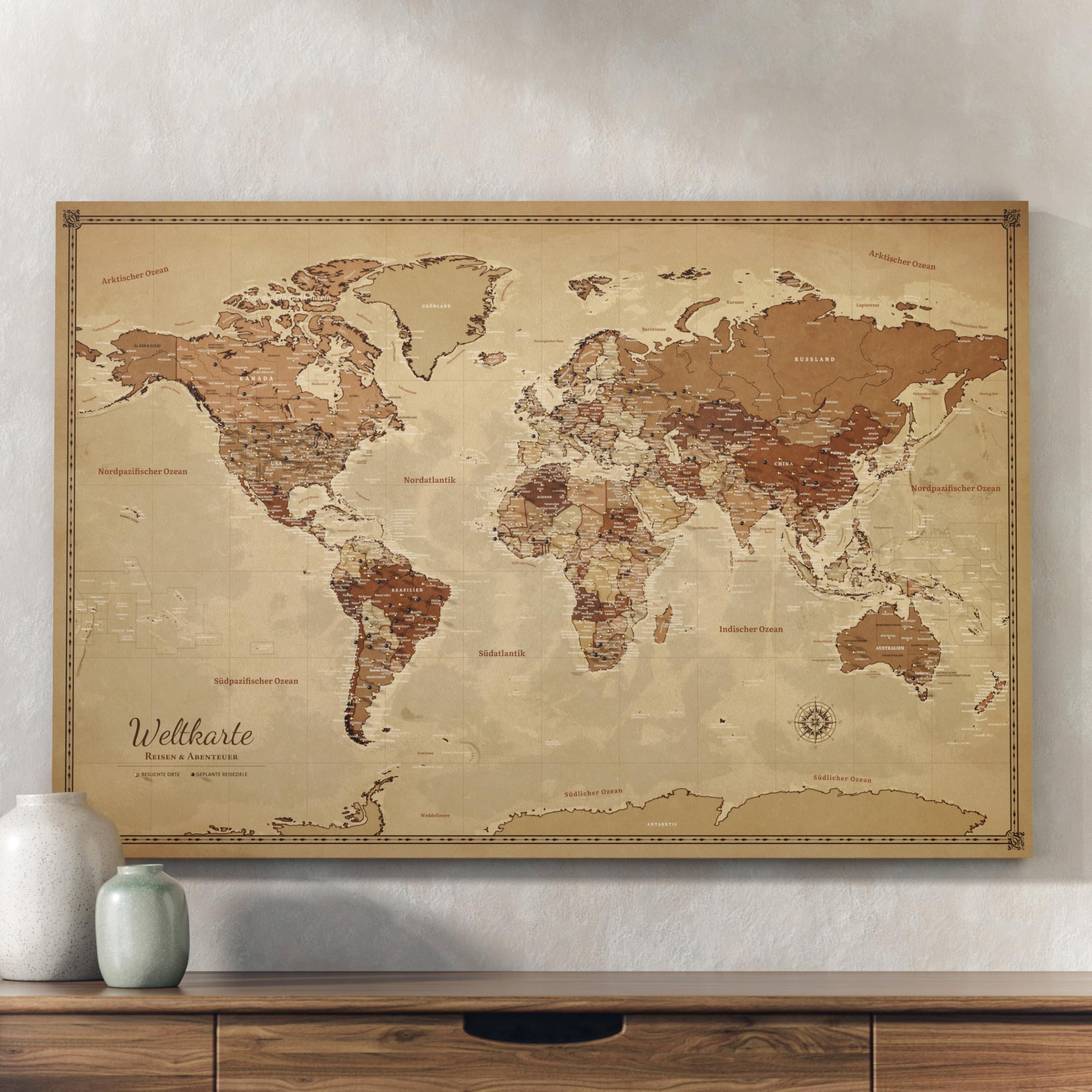 Generisch Personalisierbare Leinwand aus Weltkarte Motiv mit Rückwand-Pinnwand, perfekt für Reisende und als Wanddekoration, Dekorative Leinwandbilder, inkl. 100 Pins (Design 3, 120x80cm)