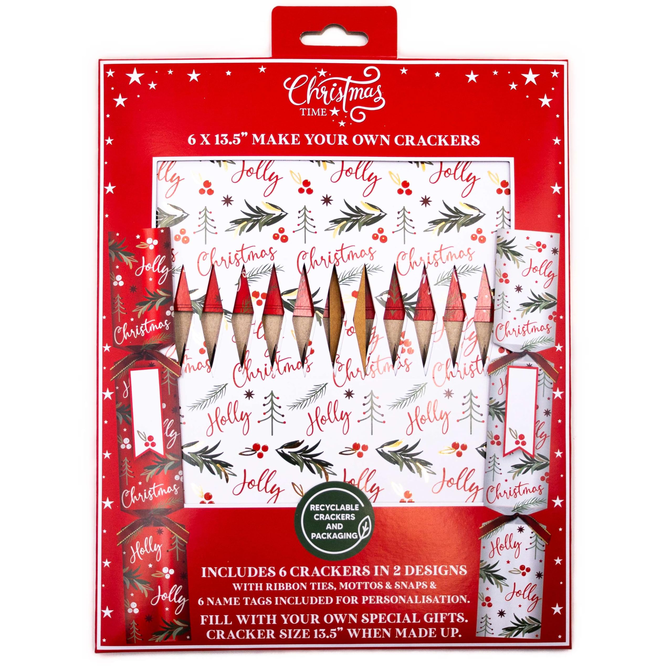 Christmas Time – Make Your Own Large Eco Christmas Cracker – Pack de 6 – Rojo y Blanco
