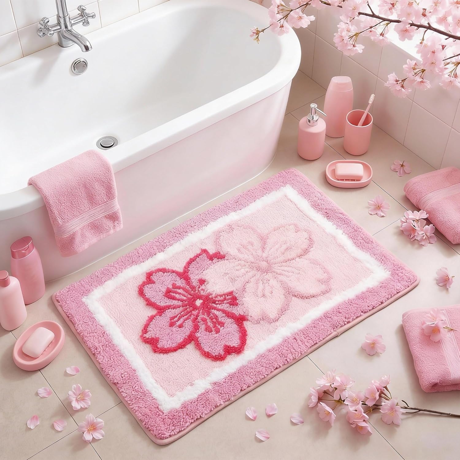Boao Cherry Bath Mat Blossom Pink Flower Tufted Bathroom Rug Non Slip Soft Absorbent Tufted Cute Cherry Bathroom Accessories Decor for Bedroom Kitchen Floor Tub Shower Sink, 24 x 16 Inches