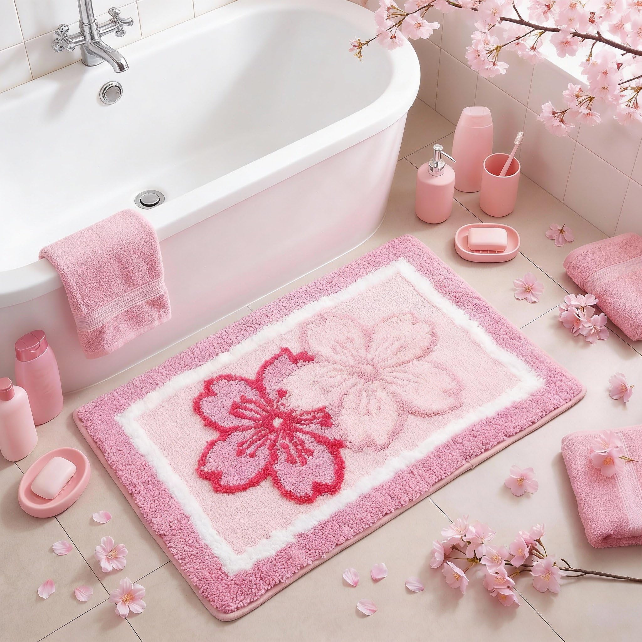 Boao Cherry Blossom Bath Mat Pink Flower Tufted Bathroom Rug Non Slip Soft Absorbent Tufted Cute Cherry Blossom Bathroom Accessories Decor for Bedroom Kitchen Floor Tub Shower Sink, 24 x 18 Inches