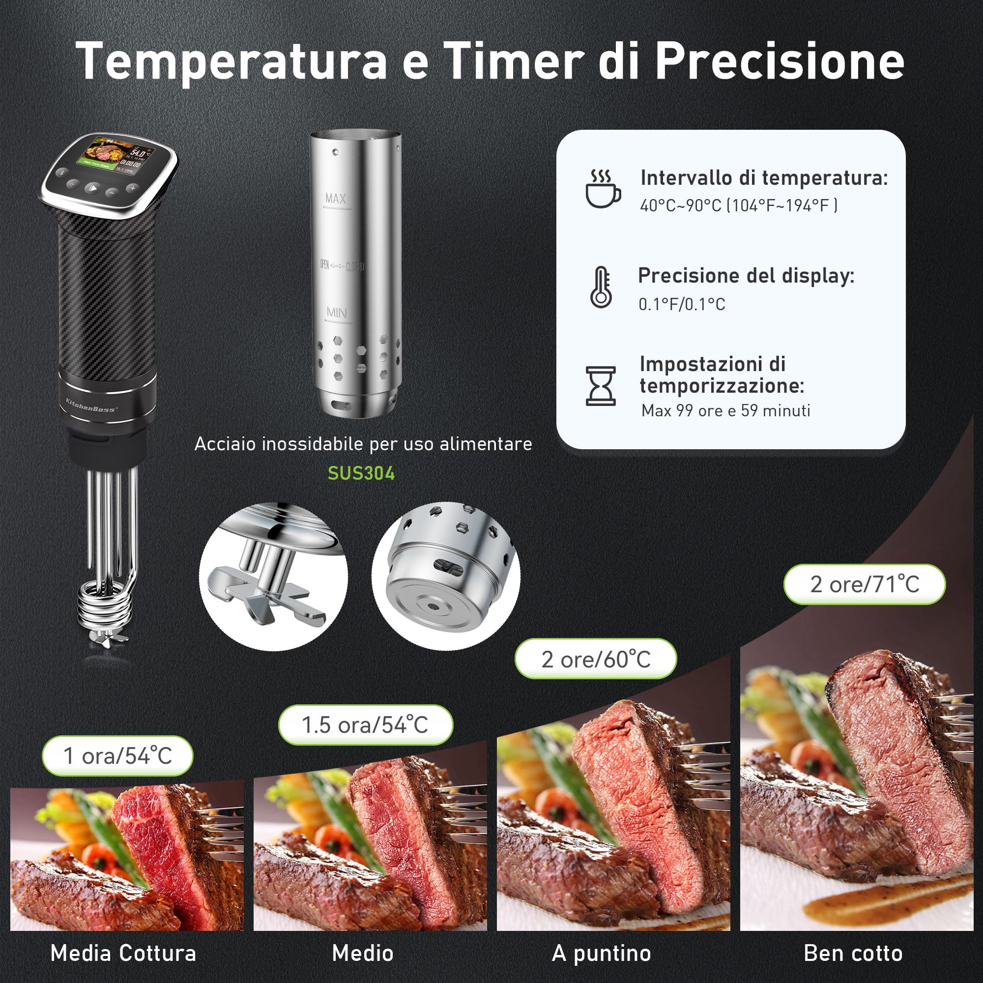 KitchenBoss Roner Sous Vide Professionale 1100W IPX7 Wi-Fi TFT Display