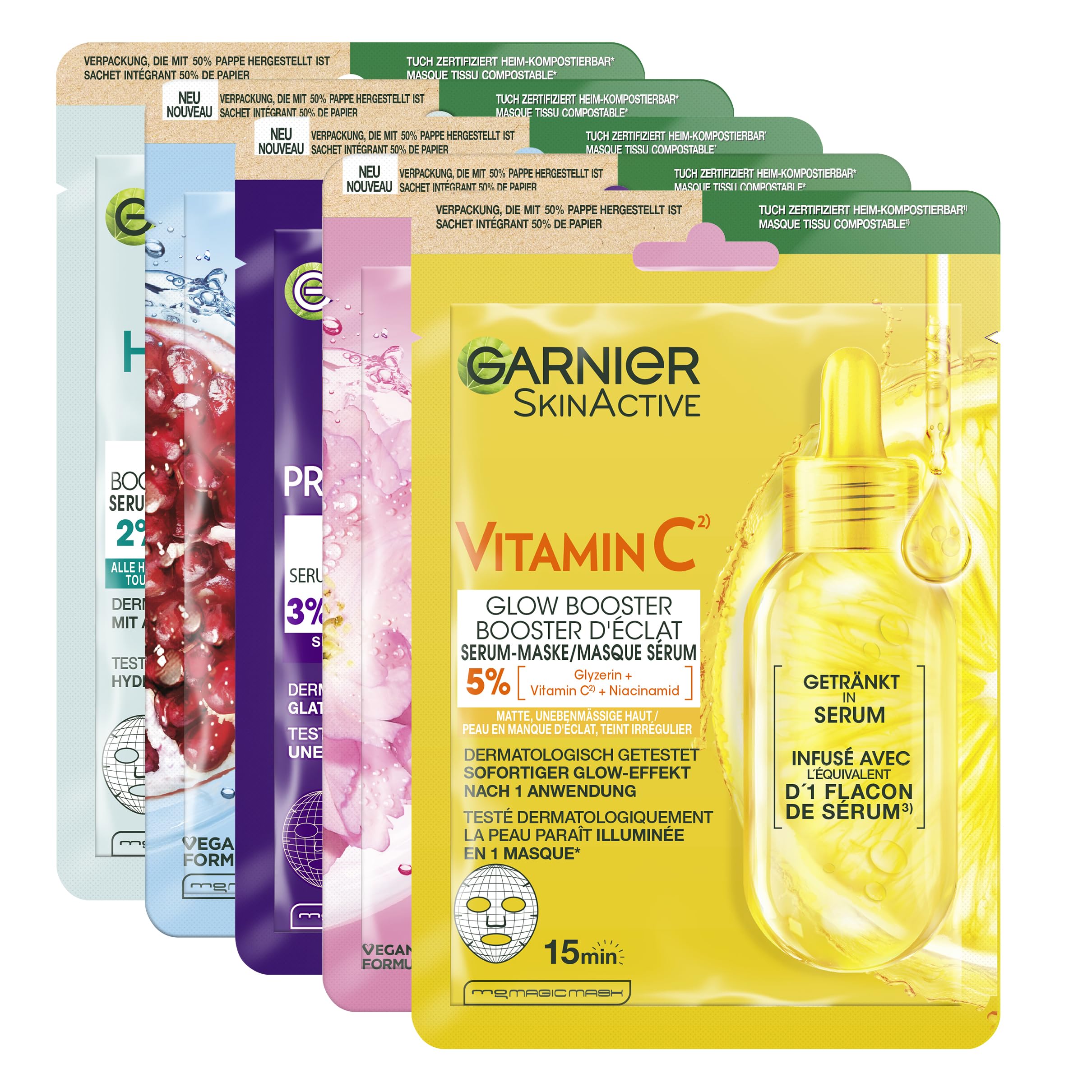 Garnier SkinActive Maseczka do twarzy, nawilżająca, odświeżająca, odżywcza, wygładzająca, miękka i promienna, 5 szt