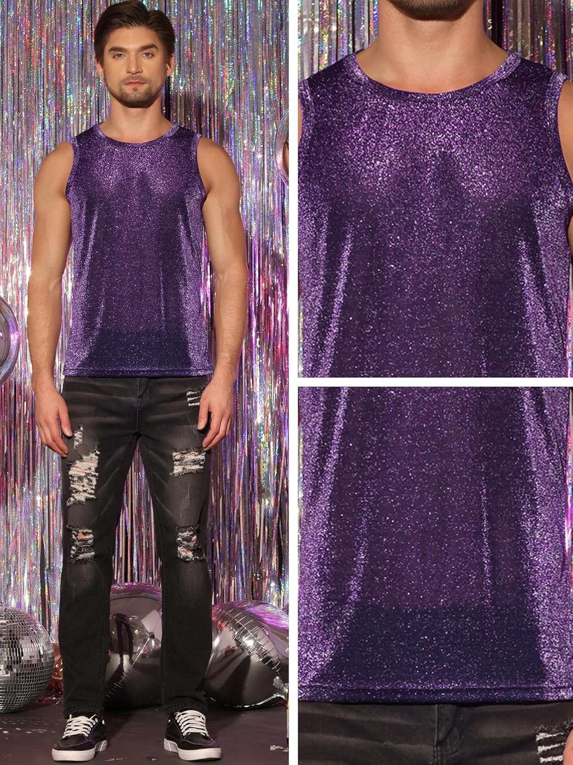 Lars Amadeus Glitter Tank Top for Men's Slim Fit Sleeveless Disco See Through Sparkly Vest - Image 4