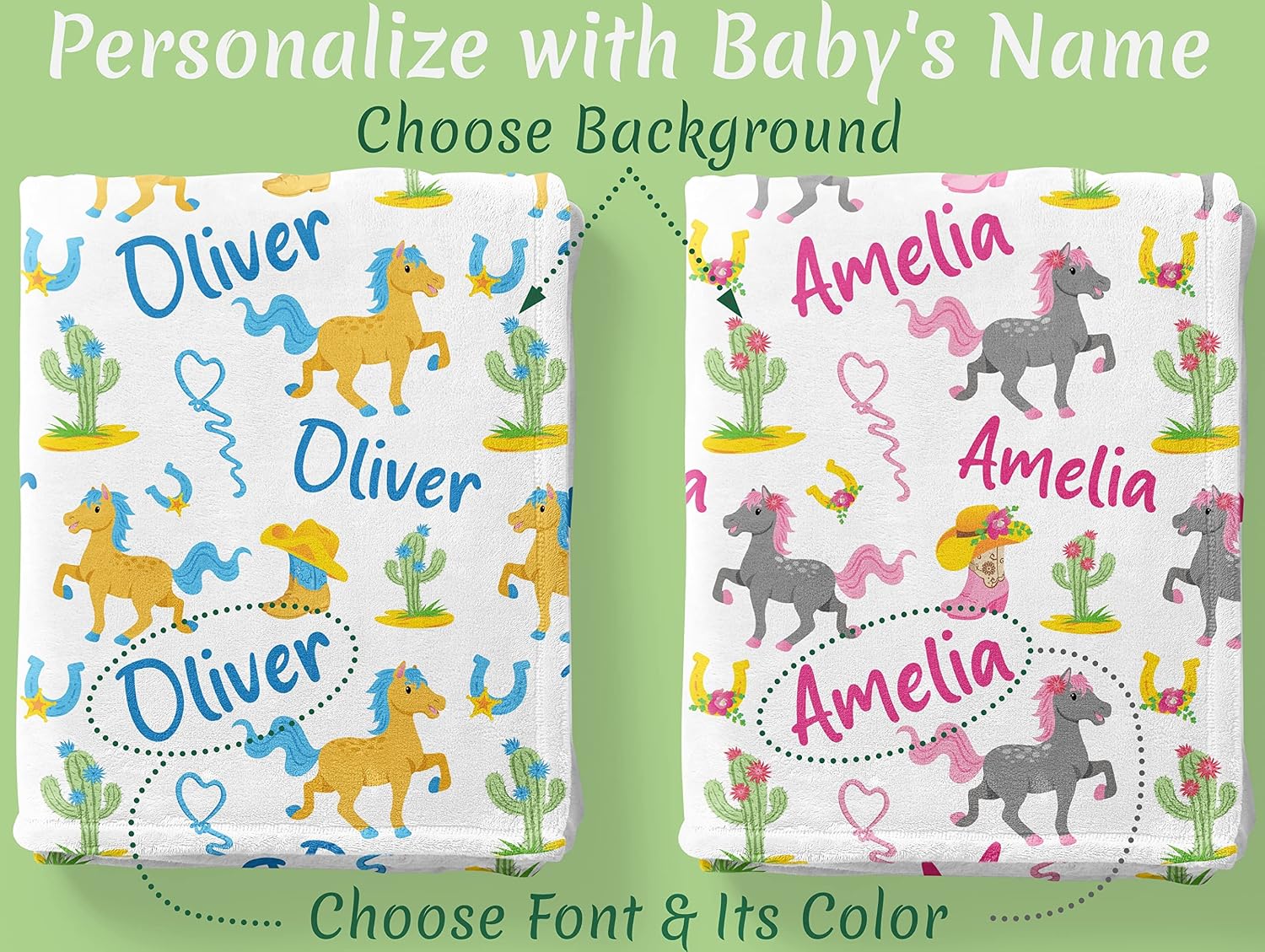 Western Personalized Baby Blankets for Girls and Boys with Name and Horse, Cactus, Horseshoe and Cowboy Boots - Texas Customized Blankets for Baby Shower, Birthday, Christmas - Personalized Baby Gifts