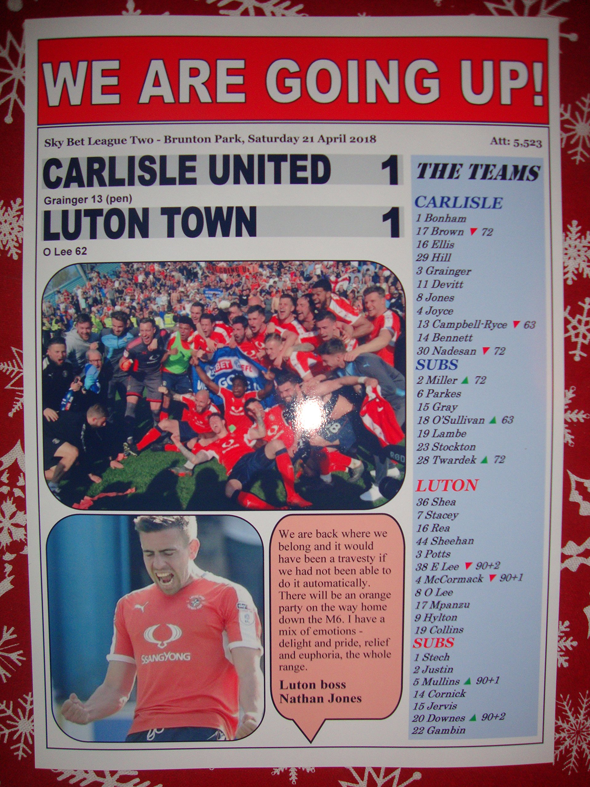 Sports Prints Uk Carlisle United 1 Luton Town 1-2018 - Luton Promoted - Souvenir Print
