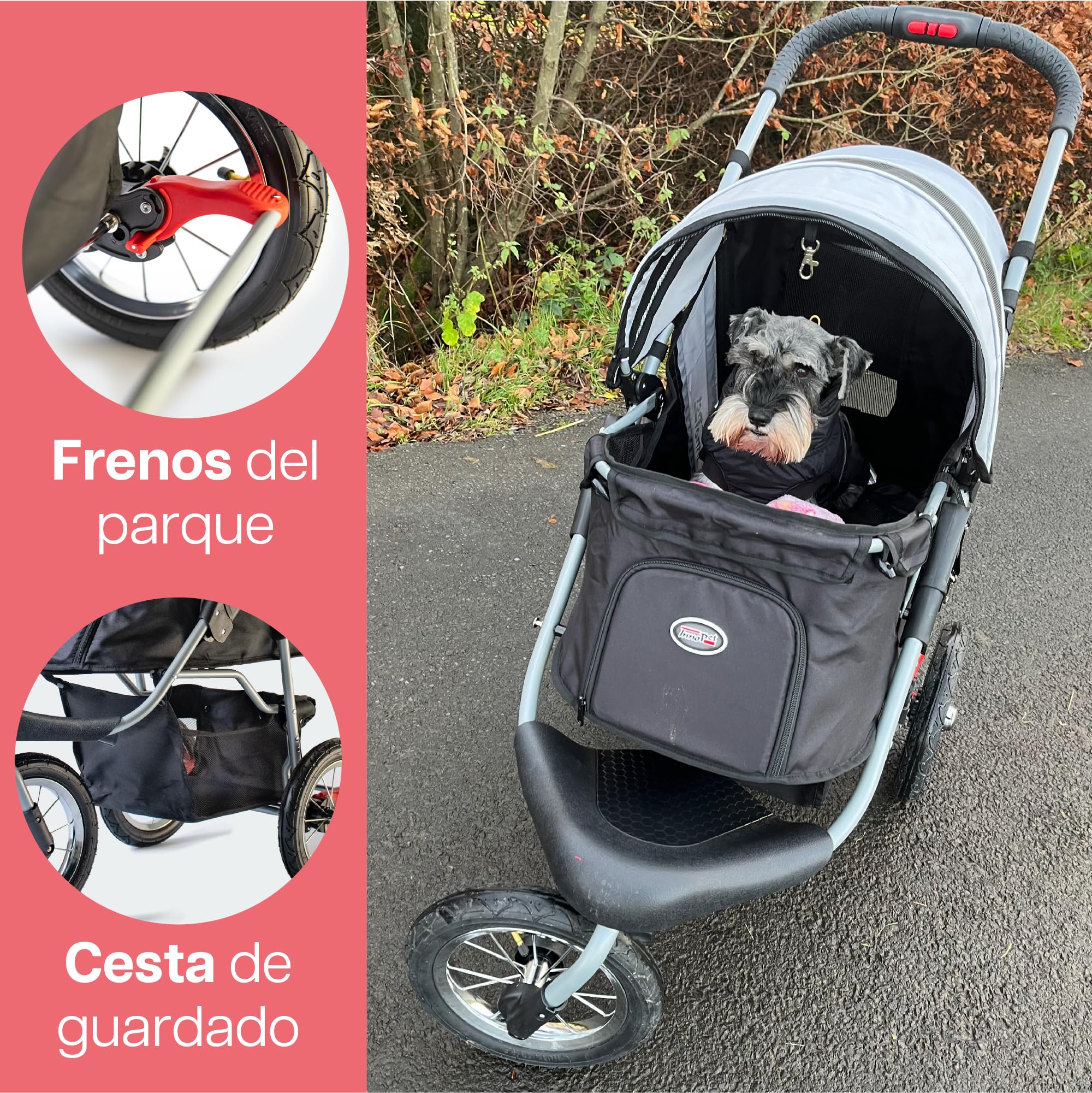 Innopet Comfort Air Eco negro/plata - Cochecito para perros y gatos con ruedas neumáticas de 12”, plegado con una mano, tejido reciclado y organizador