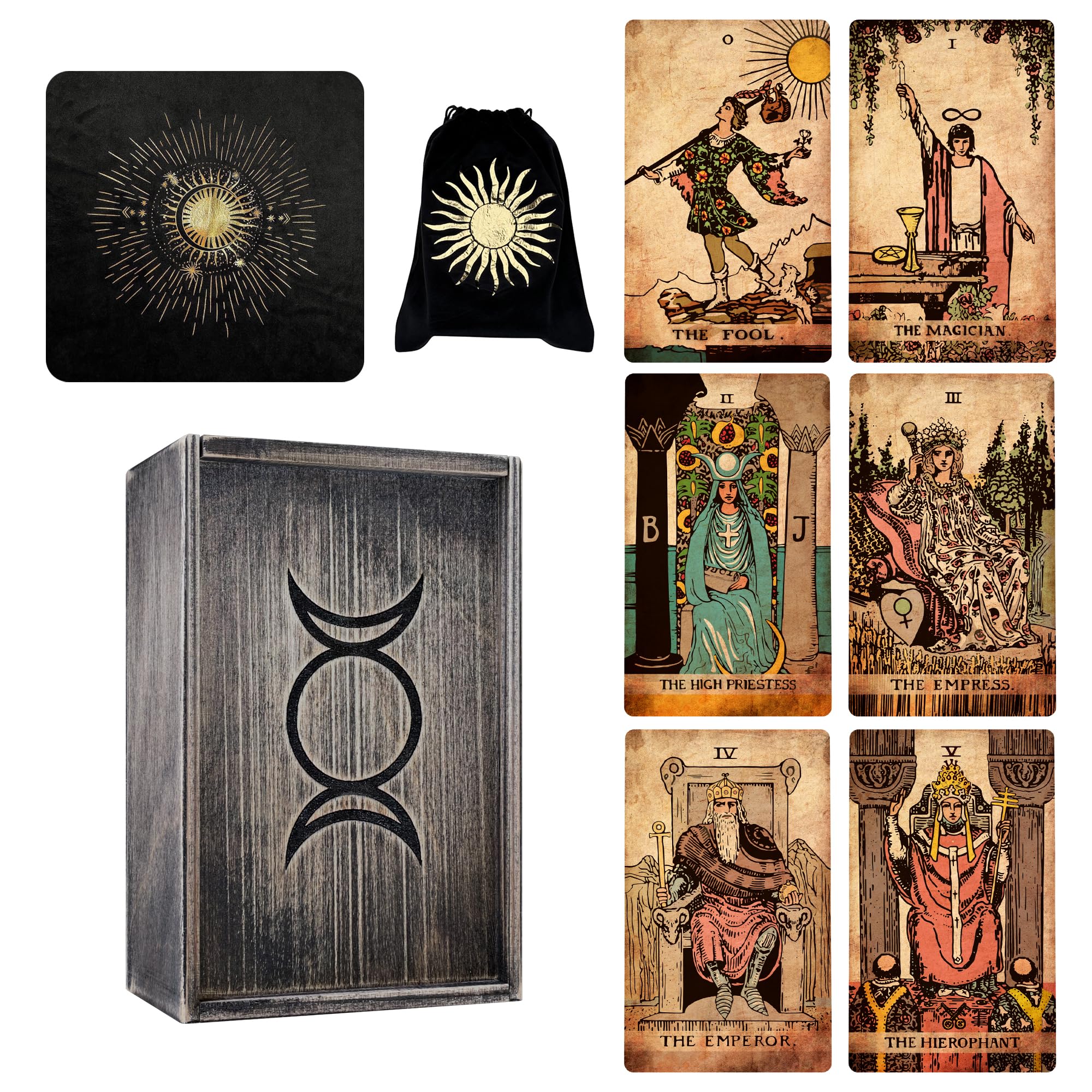 CRAFTERIAN Deluxe Set of Light Tarot Cards, Dark Wooden Box, Cloth and Bag. 78 Tarot Deck, Original Tarot Cards for Beginners and Experts with Guide Book.