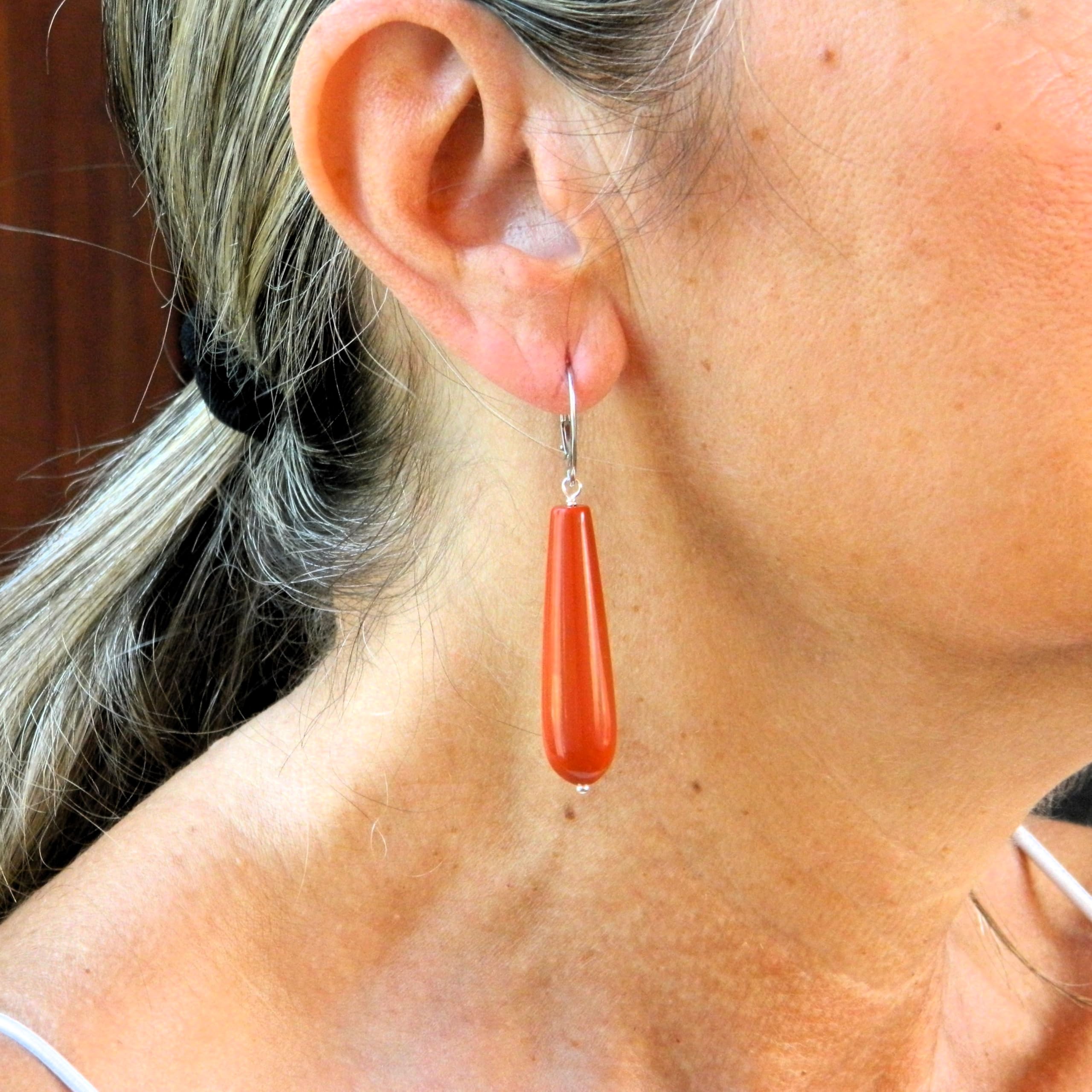 Orecchini Donna Pendenti Handmade in Pasta di Corallo Rosso Sardegna – Goccia Lunga 10x40 mm - Monachella Argento 925 – Made in Italy – Eleganti, Anallergici - DodiGioielli