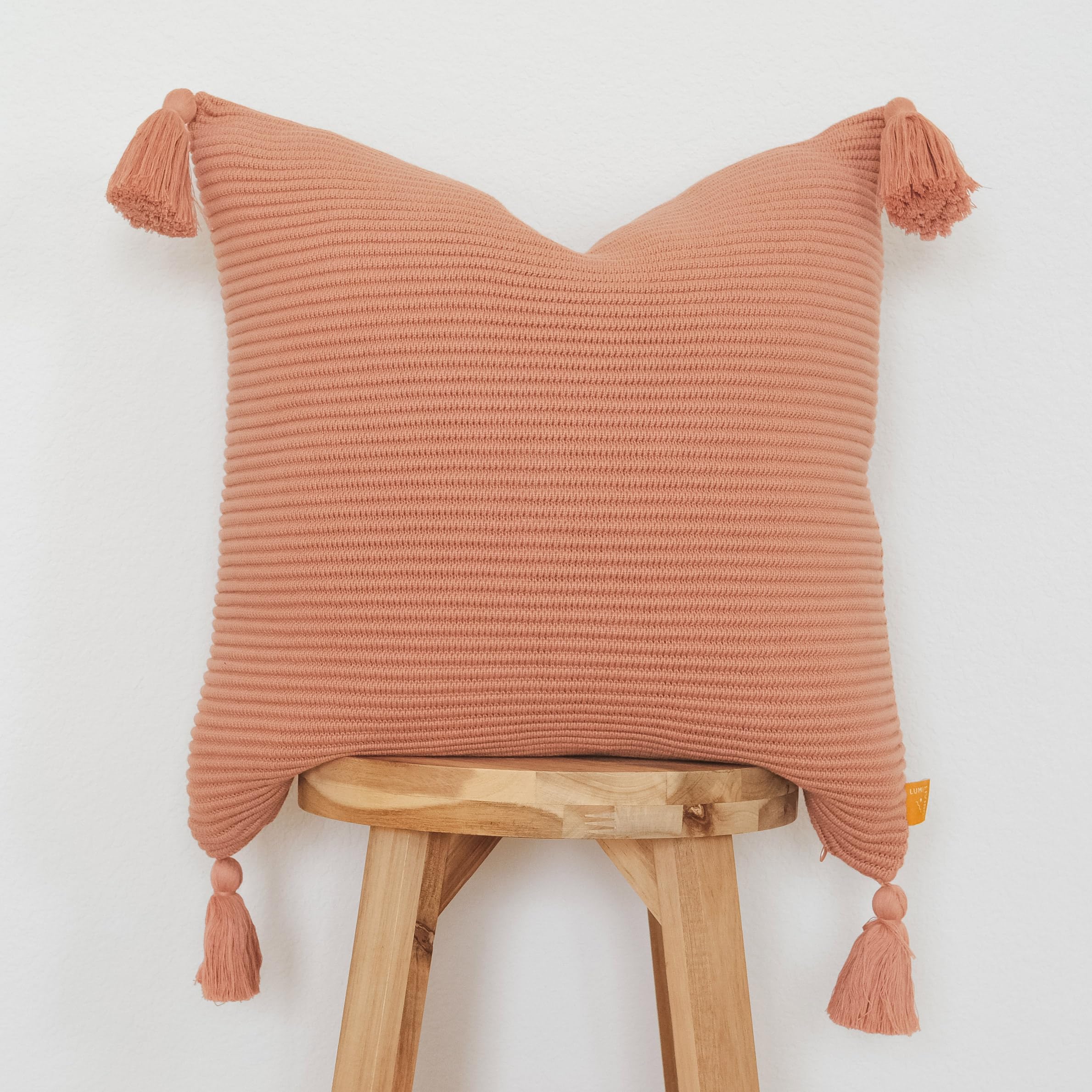 Lumi Living 100% Soft Cotton Raised Stripes Textured Rib Knit Throw Pillow Cover with Tassels (18x18, Pink Clay)