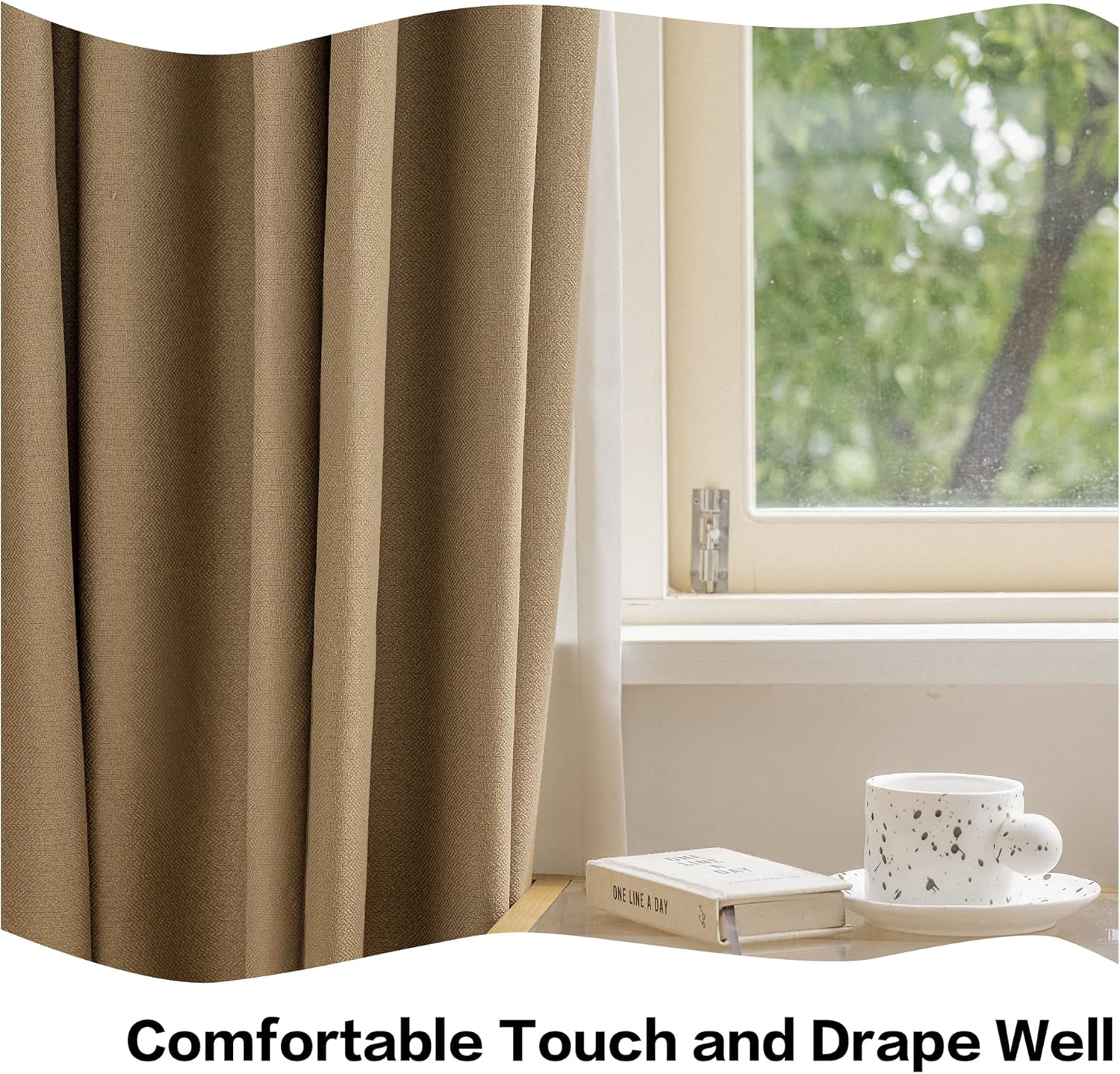 HUTO 100 Percent Blackout Pinch Pleat Curtain for Bedroom, Triple Weave Faux Linen Thermal Insulated Waterproof Drape with Tieback for Patio, Taupe, 84 Inch Wide by 84 Inch Long, 1 Panel