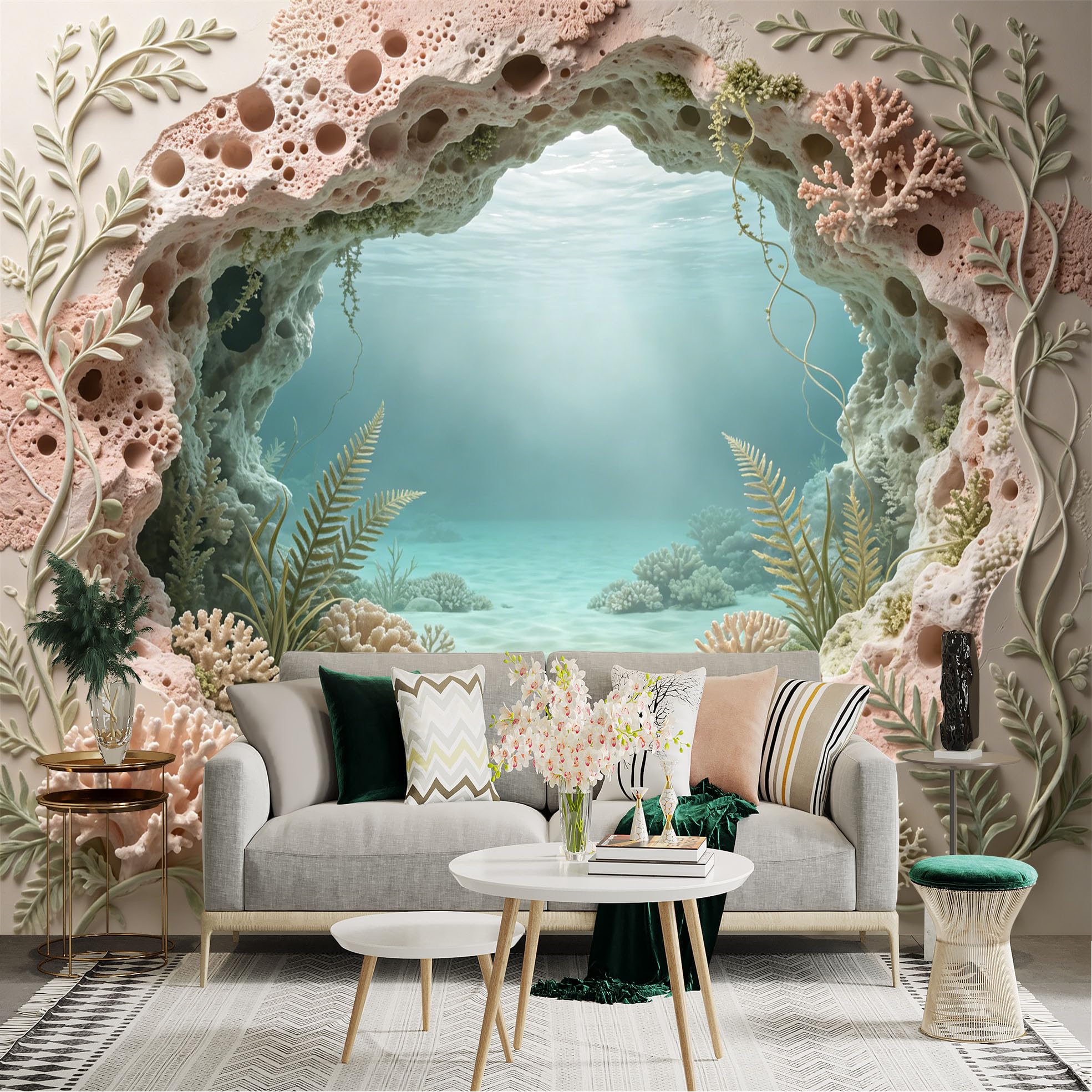 Custom Size Wall Sticker Mural， Underwater Coral Reef Cave with Ocean View and Marine Plants， for wall Decoration， peelandstick wall Decals.