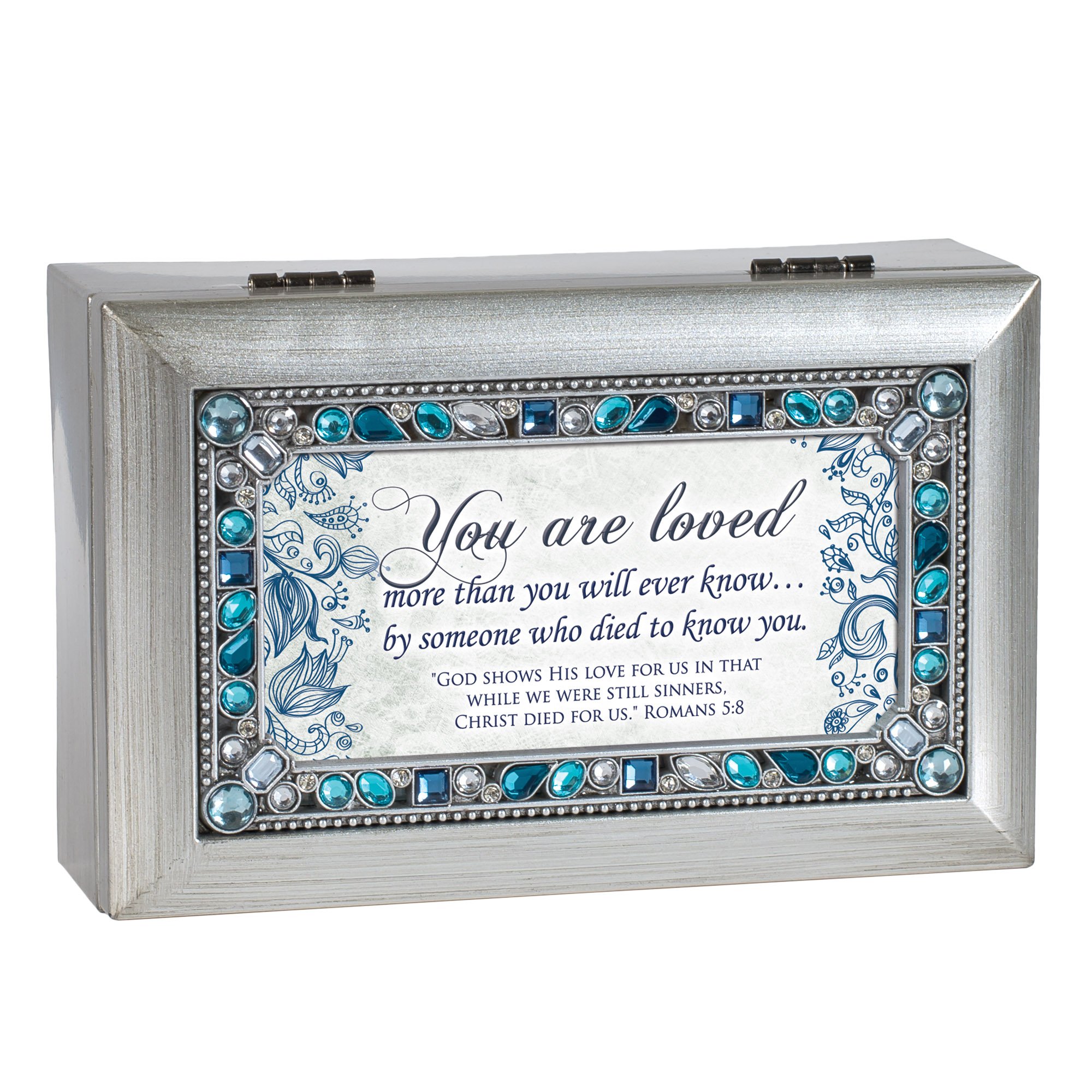 Caja de música Cottage Garden de plata cepillada con diseño artístico religioso exclusivo
