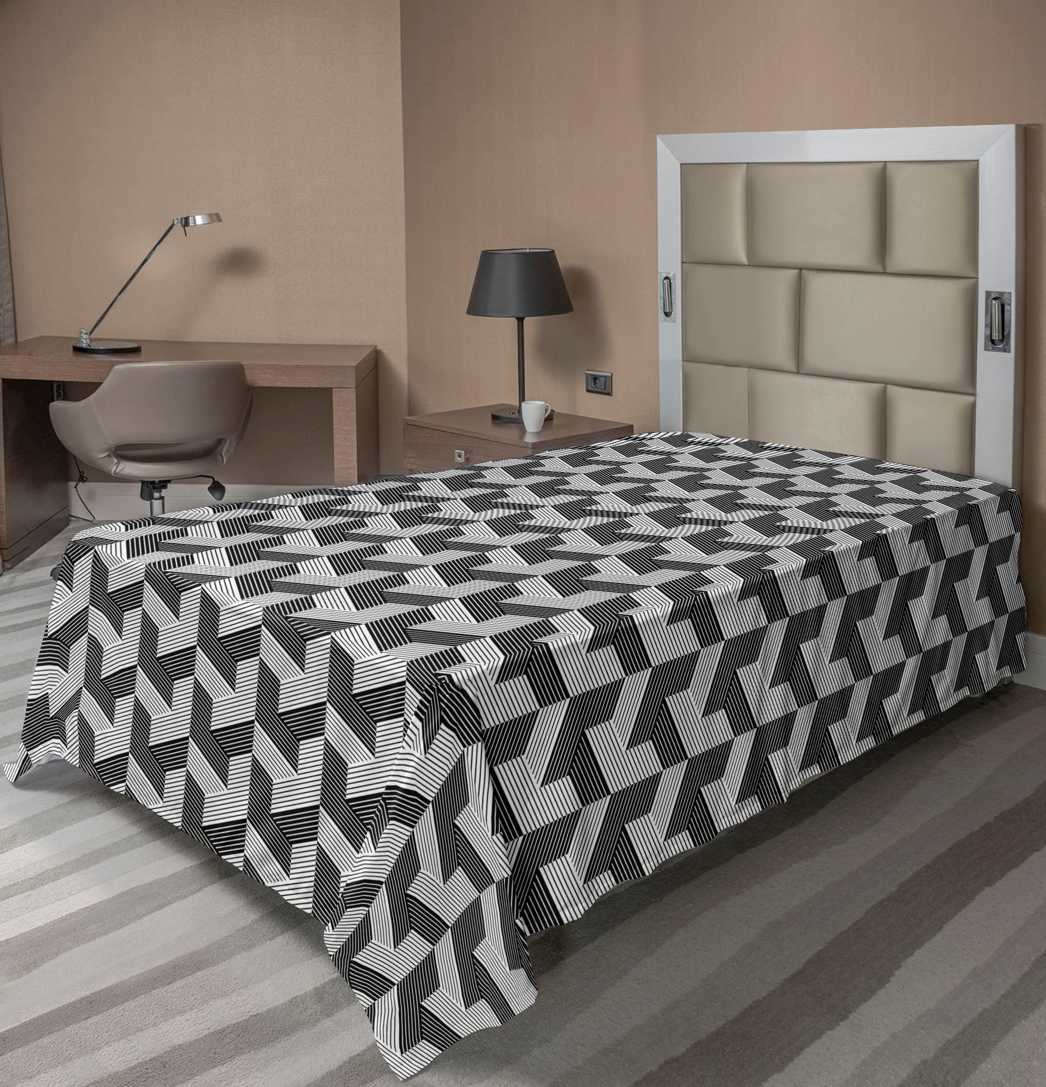 Ambesonne Geometric Flat Sheet, Maze of Cubes Inspired Contemporary Polygonal Monochrome Striped Pattern, Soft Comfortable Top Sheet Decorative Bedding 1 Piece, TwinXL Size, Black and Pale Grey