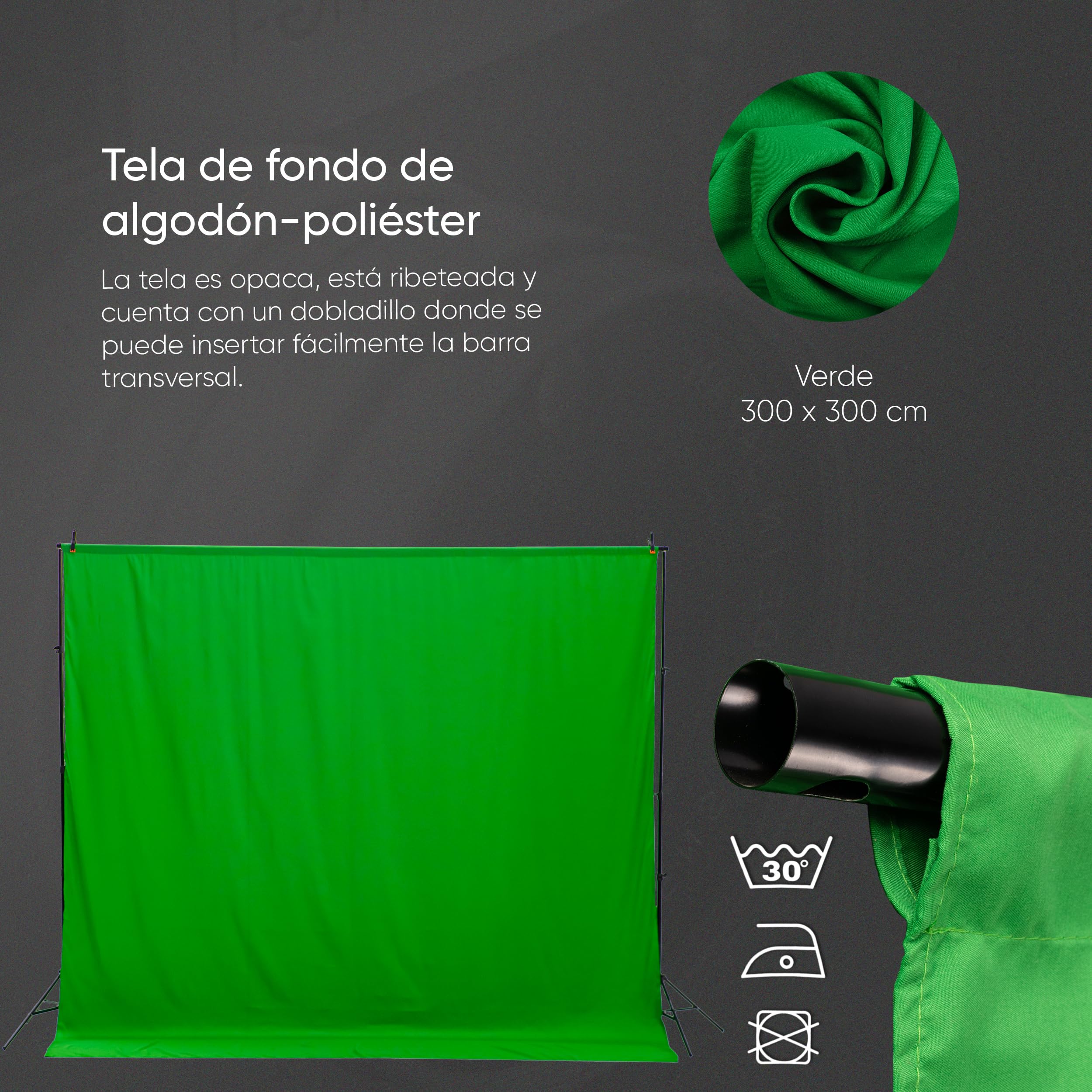Green Screen (3m x 3m) con Soporte (3m x 2,6m) - Croma Verde | Fondo Fotografia - Estudio Fotográfico - Pantalla Verde - Greenscreen con Soporto - Accesorios Fotografia Gaming Streaming