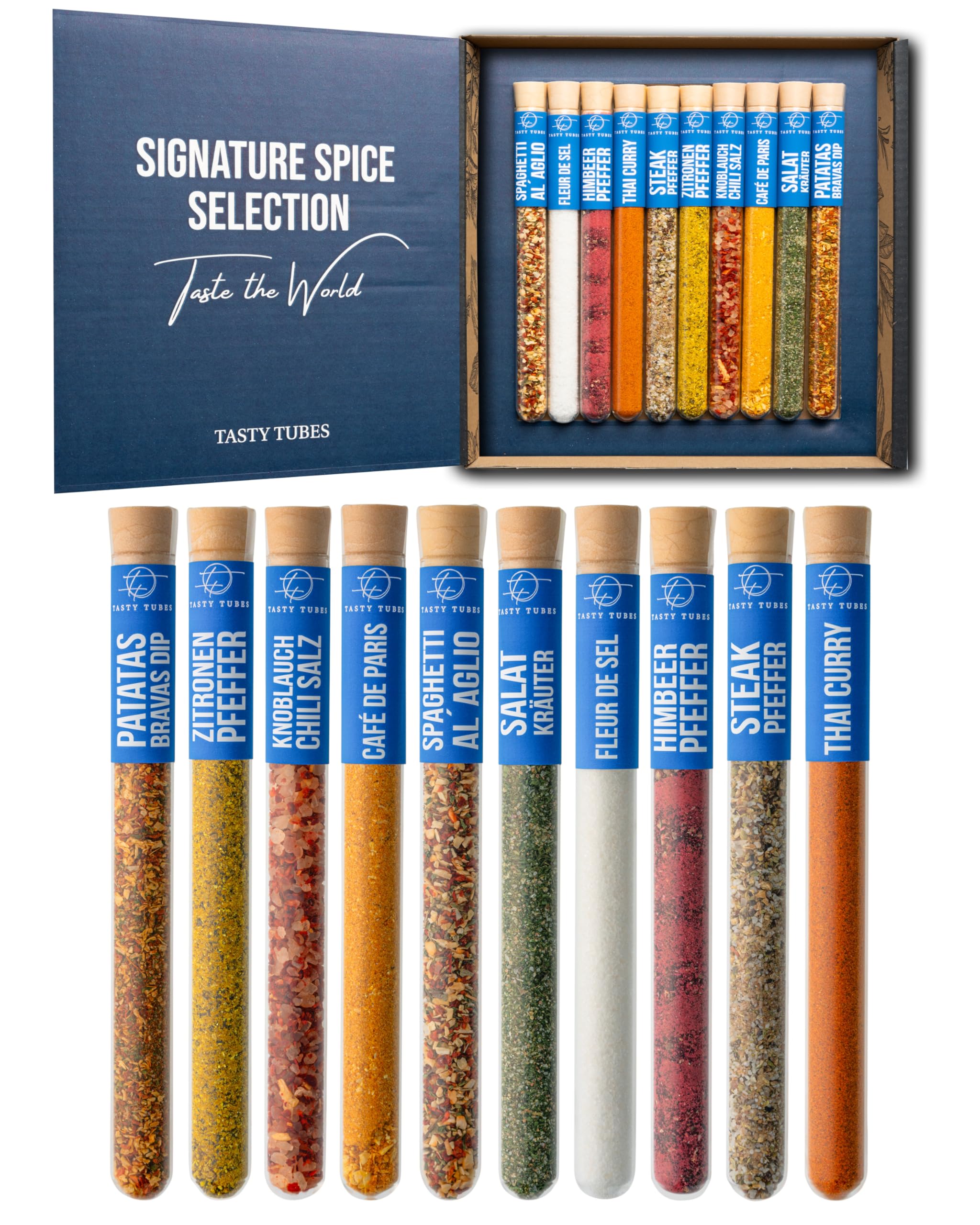 Tasty Tubes – Signature Spice Selection – Coffret d’épices – Cadeau original pour hommes & femmes – 10 mélanges d’épices du monde entier – Coffret cadeau pour passionnés de cuisine - 1