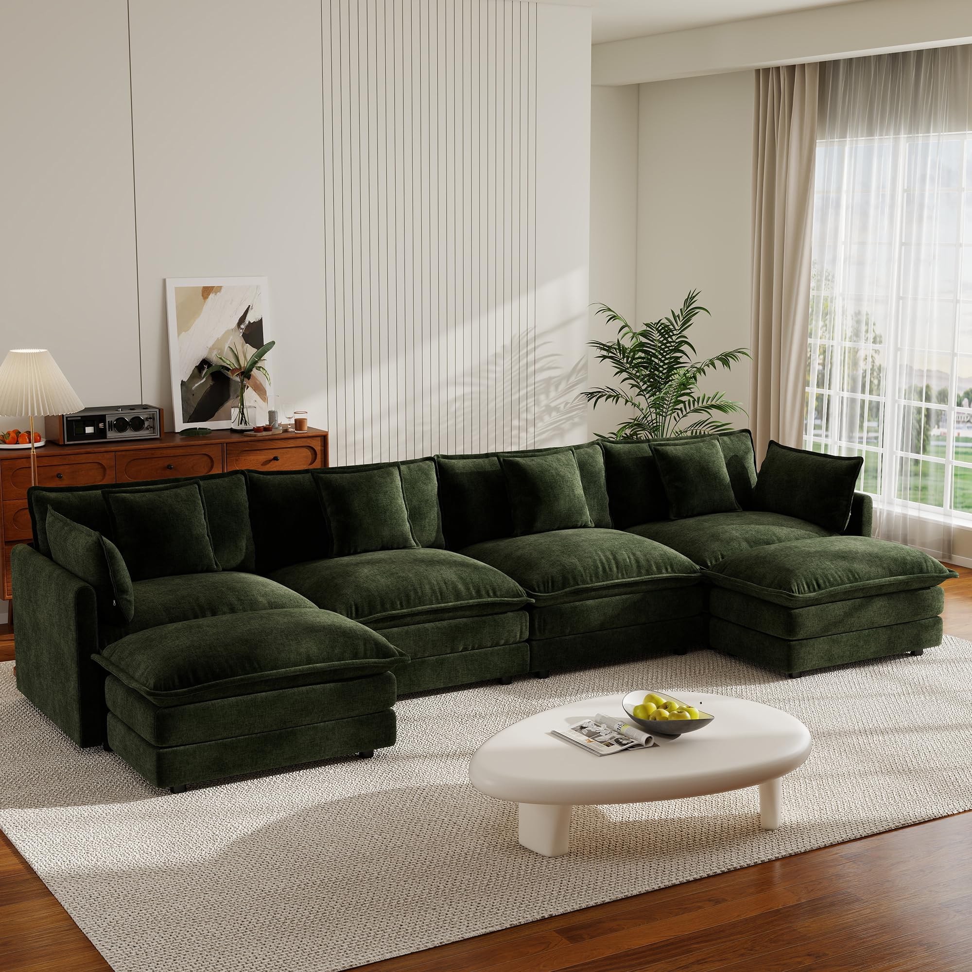 Qupeife Modular Sectional Sofa, 146.5" U Shaped Sectional Couch, 5 Seater Comfy Cloud with Movable Ottoman for Living Room,Green