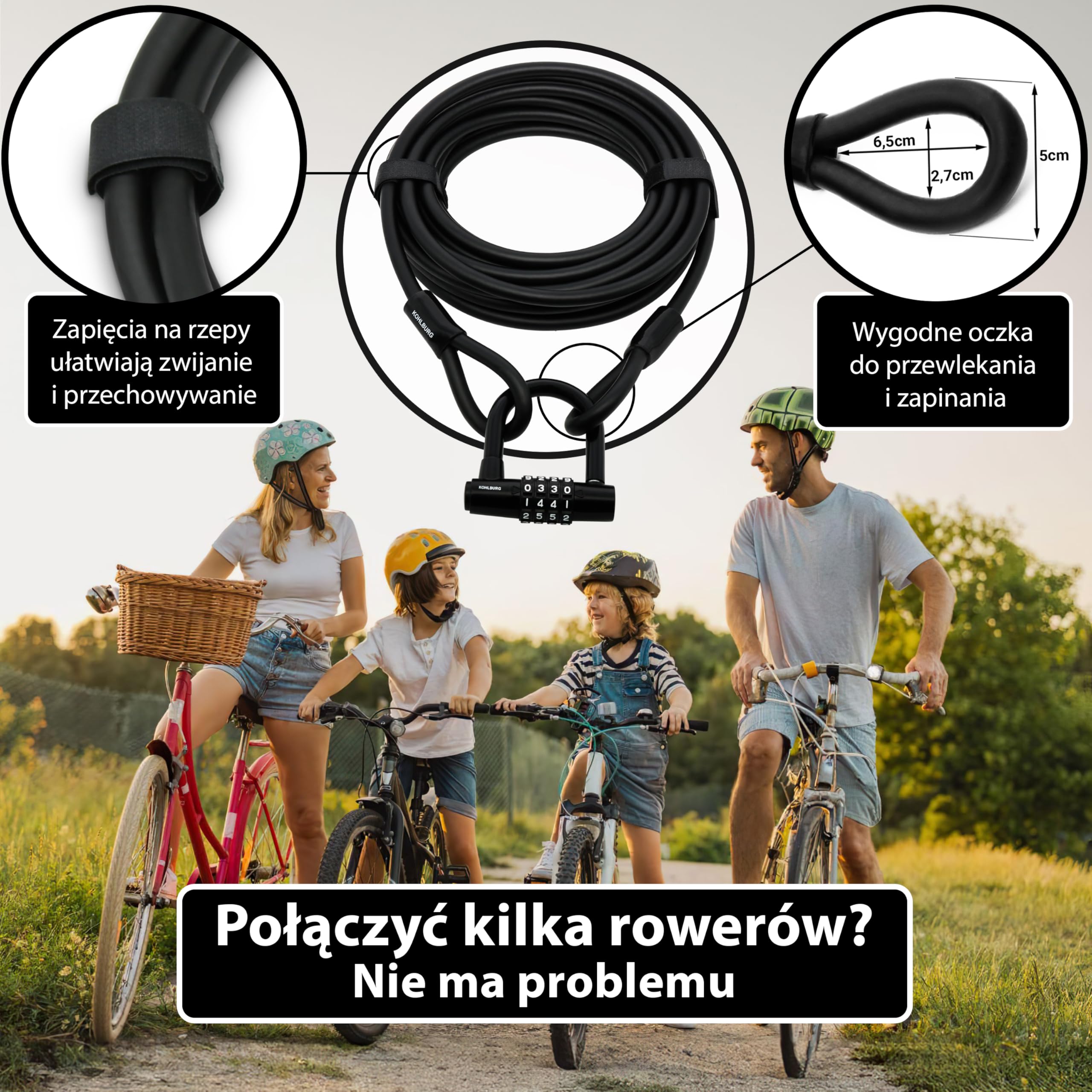 KOHLBURG zamek kablowy 10 m z szyfrem, stalowa linka | Osłoną i rzepami do zabezpieczenia rowerów, łodzi, mebli ogrodowych, długi zamek rowerowy