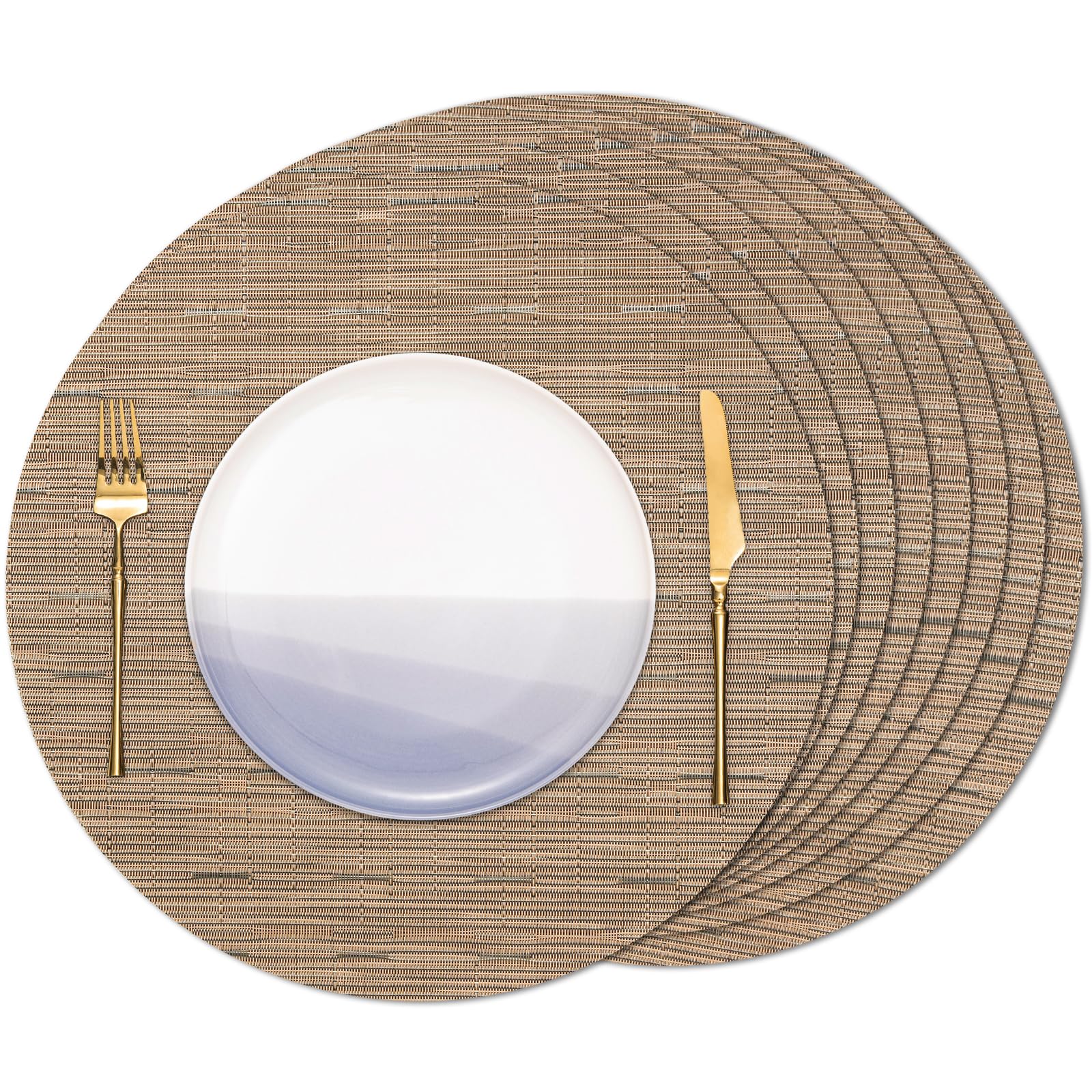 Banchif Round Placemats Set of 8 Heat Resistant Vinyl Placemats 15 inch Washable Non-Slip Table Mats Woven Place Mats for Dining Table (Light Brown,