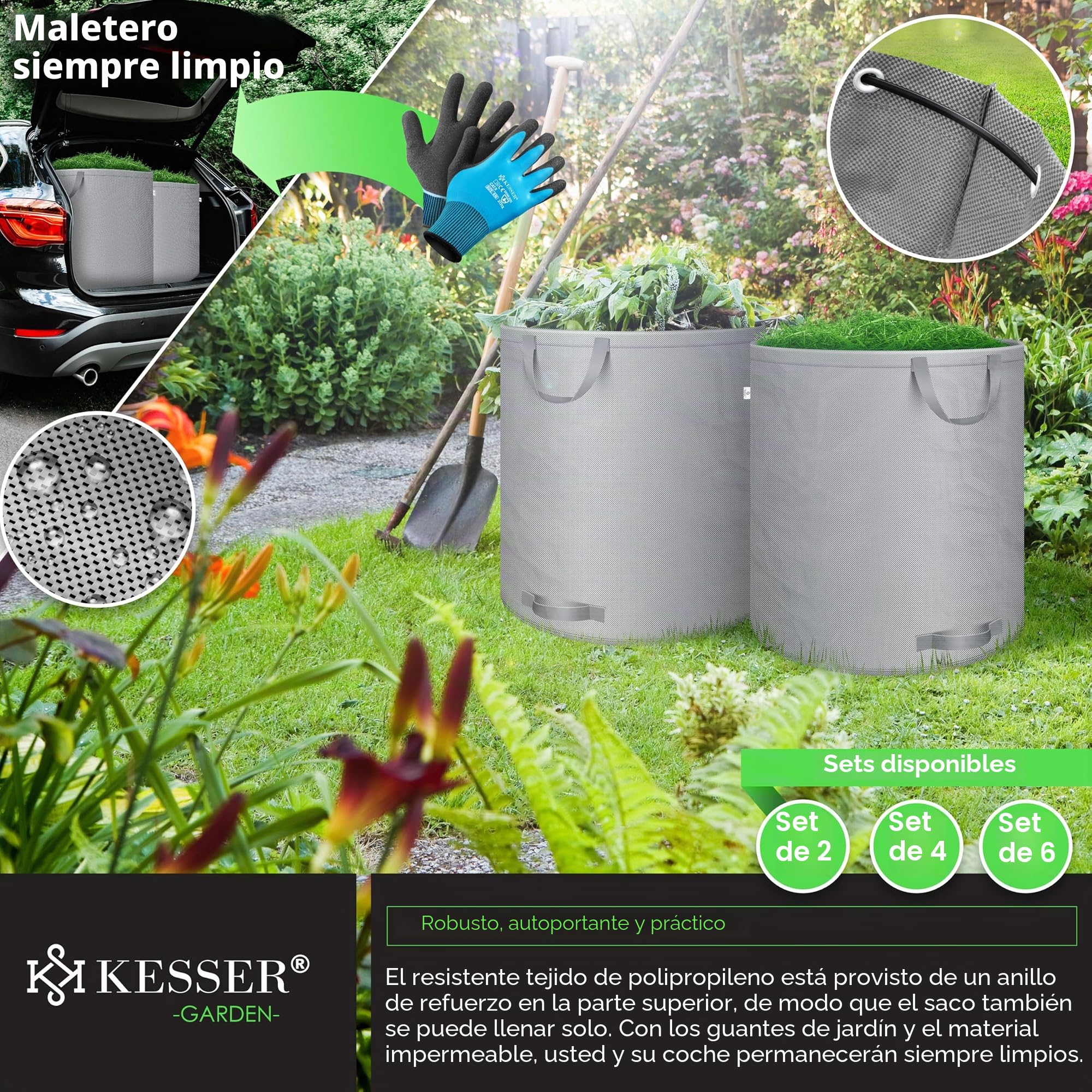 KESSER® Set de sacos para jardín, Saco para residuos de jardín incl. guantes, 4 asas, estable/robusto/plegable - Sacos para hojas, 500 l (2er Pack) / Gris