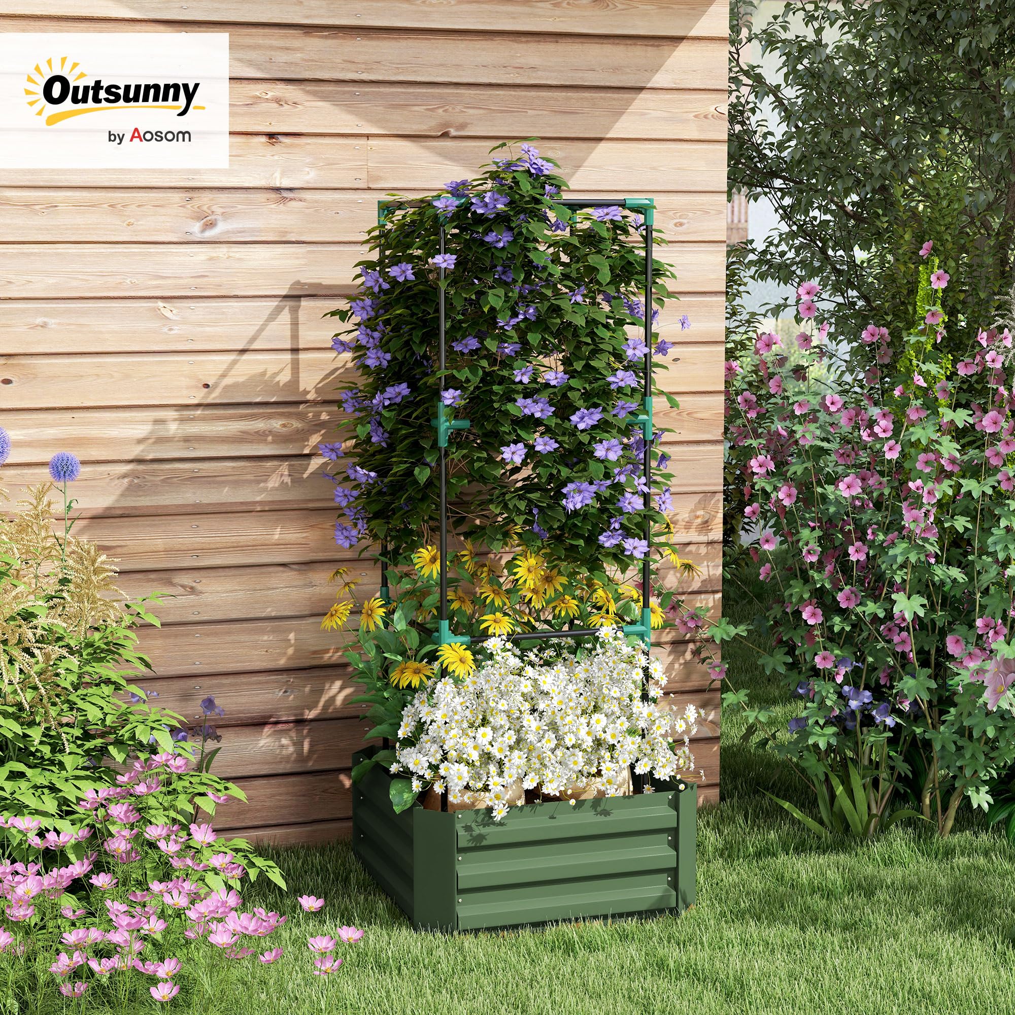 Outsunny Jardinera Exterior Grande de Acero Galvanizado Jardinera de Exterior con Celosía para Plantas Trepadoras y Fondo Abierto para Patio Terraza Balcón 61x61x140 cm Verde