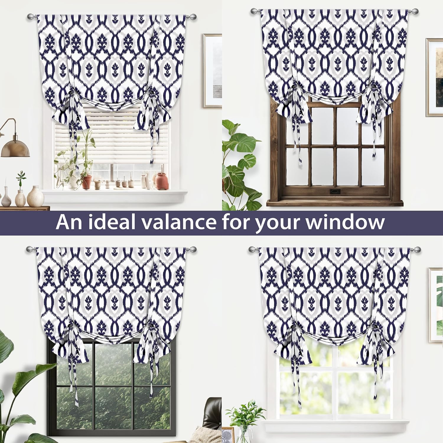 DriftAway Tie Up Curtain Evelyn Ikat Floral Pattern Room Darkening Thermal Insulated Window Curtain Adjustable Balloon Curtain for Small Window Rod Pockett 45 Inch by 63 Inch Navy Blue